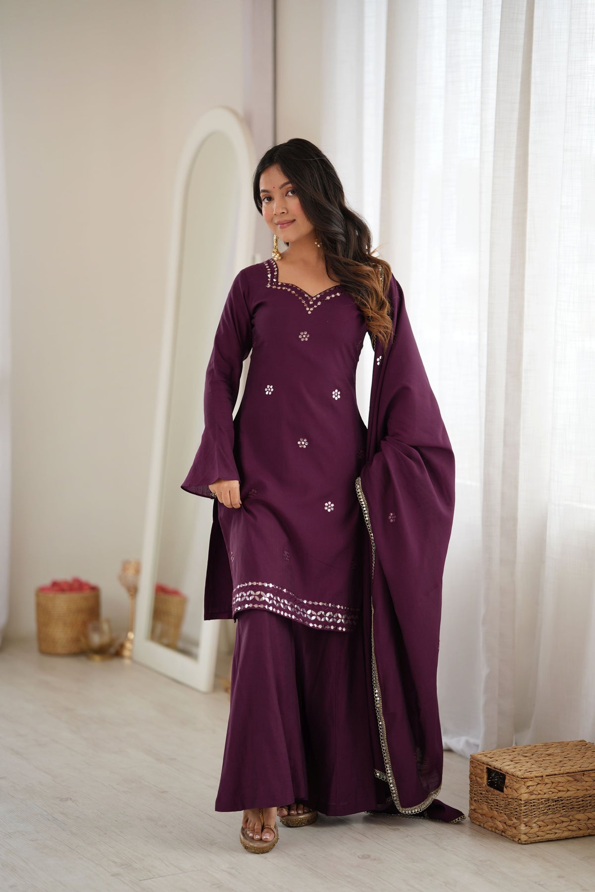 Wine Purple Roman Silk Foil Work Kurta Palazzo Set with Dupatta