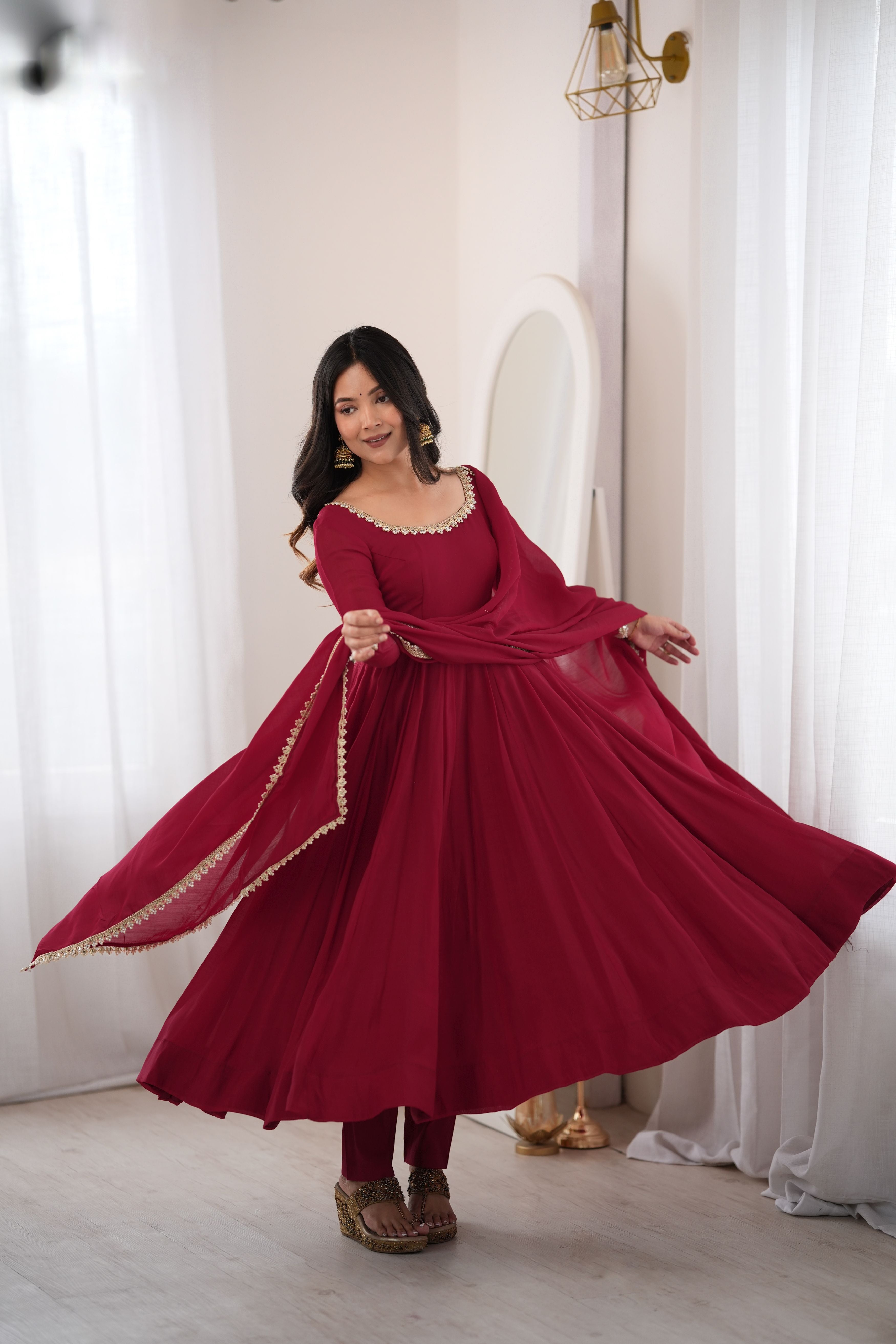 Burgundy Mal Chanderi Anarkali Gown Set with Mirror Work Dupatta