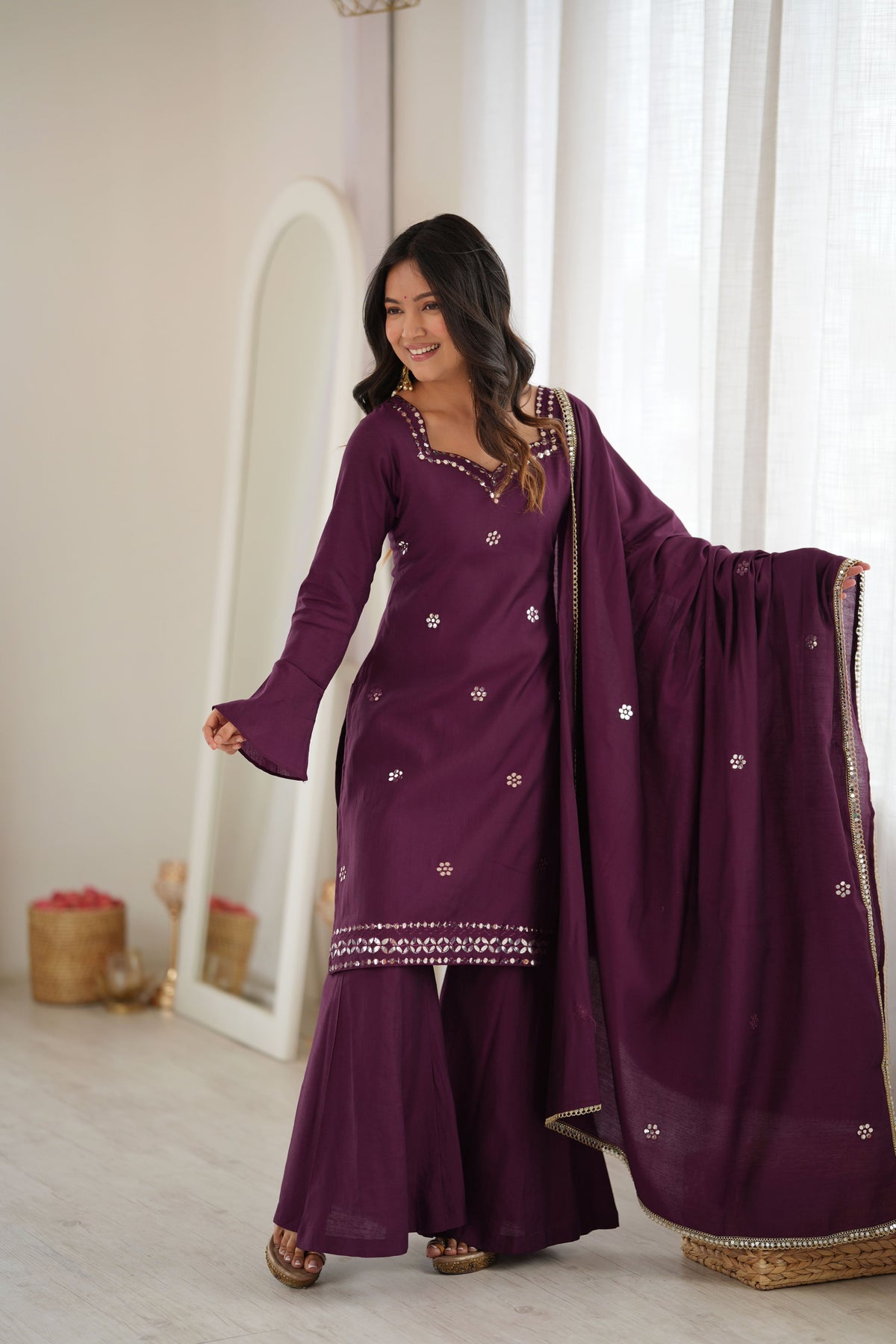 Wine Purple Roman Silk Foil Work Kurta Palazzo Set with Dupatta