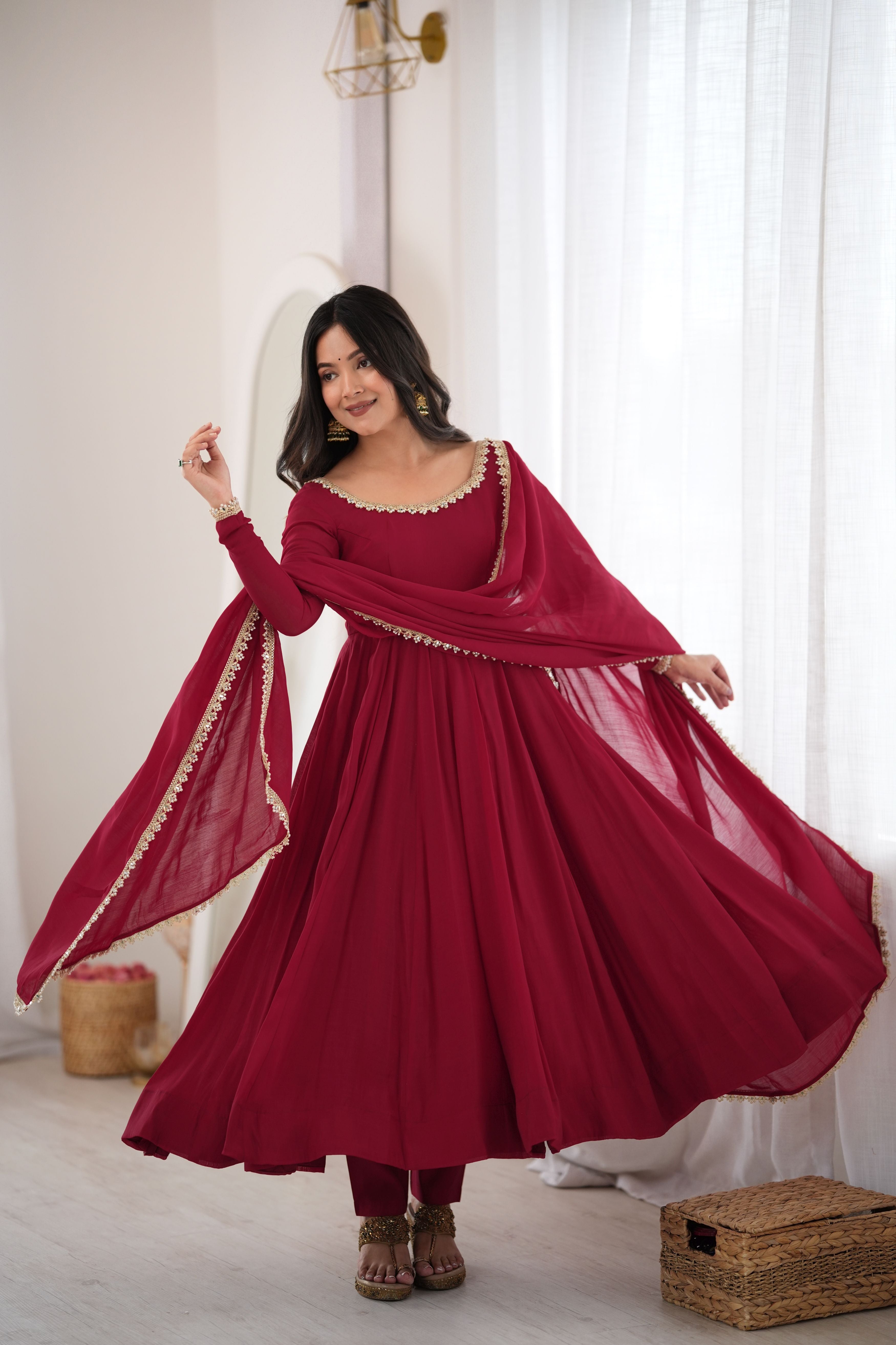 Burgundy Mal Chanderi Anarkali Gown Set with Mirror Work Dupatta