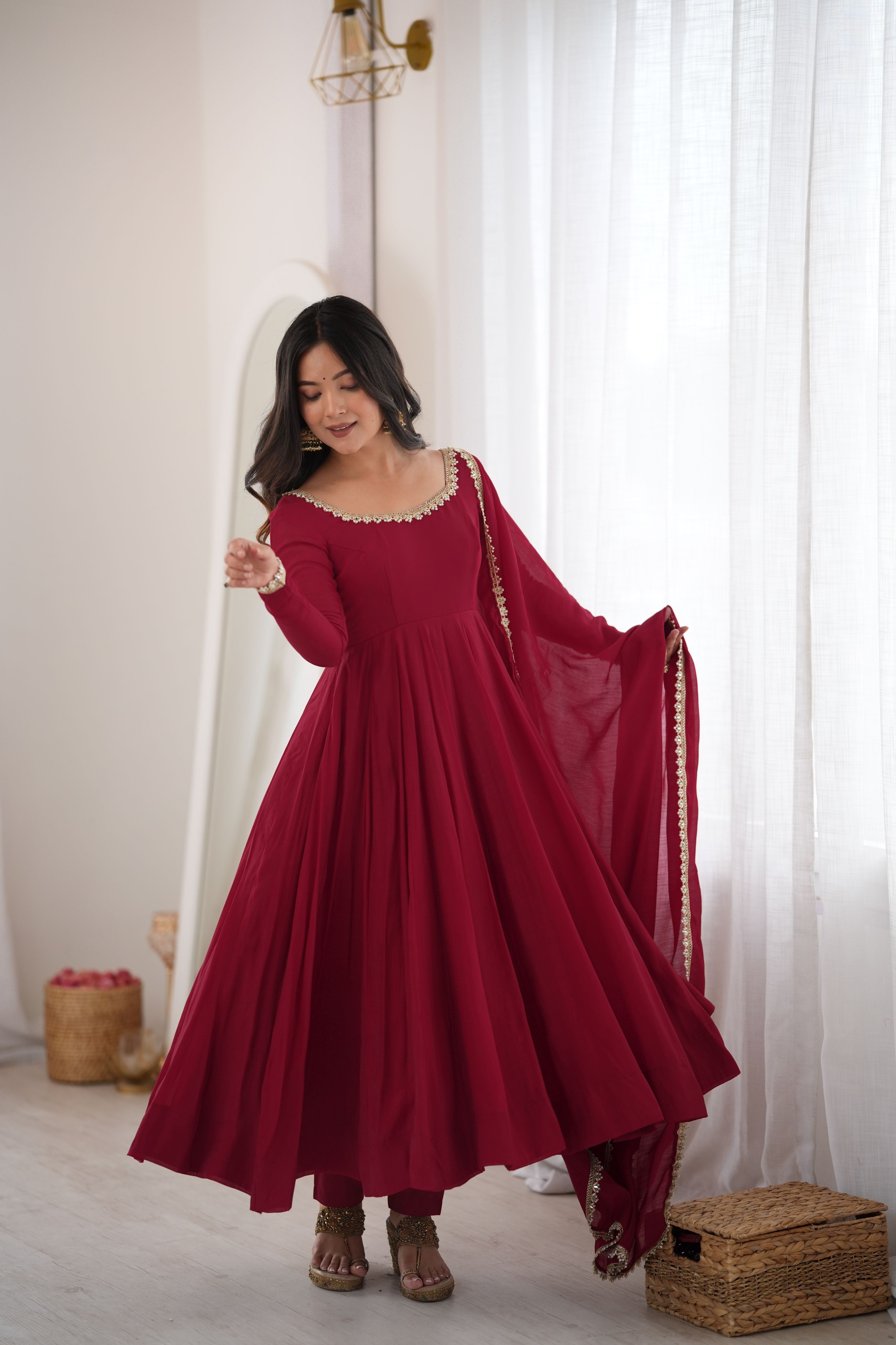 Burgundy Mal Chanderi Anarkali Gown Set with Mirror Work Dupatta