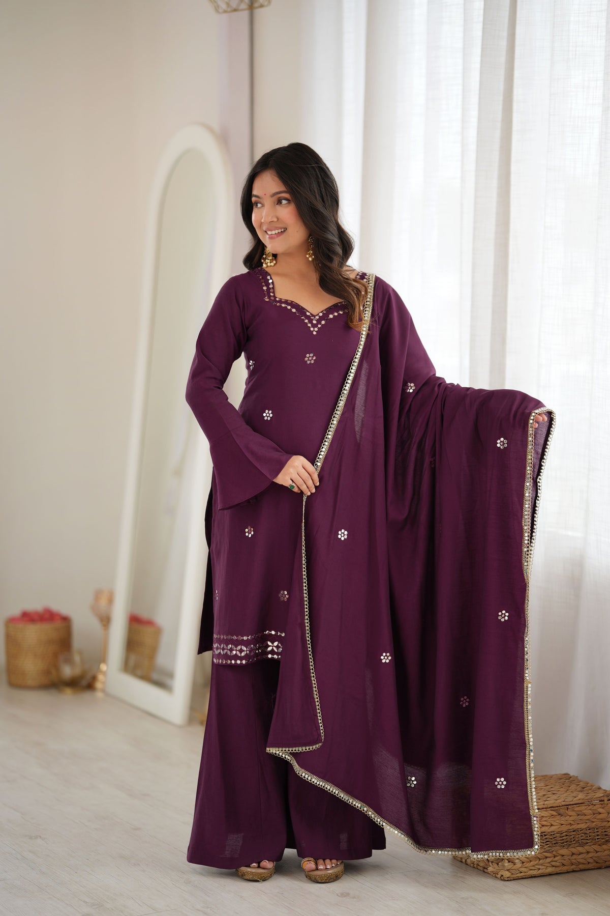 Wine Purple Roman Silk Foil Work Kurta Palazzo Set with Dupatta