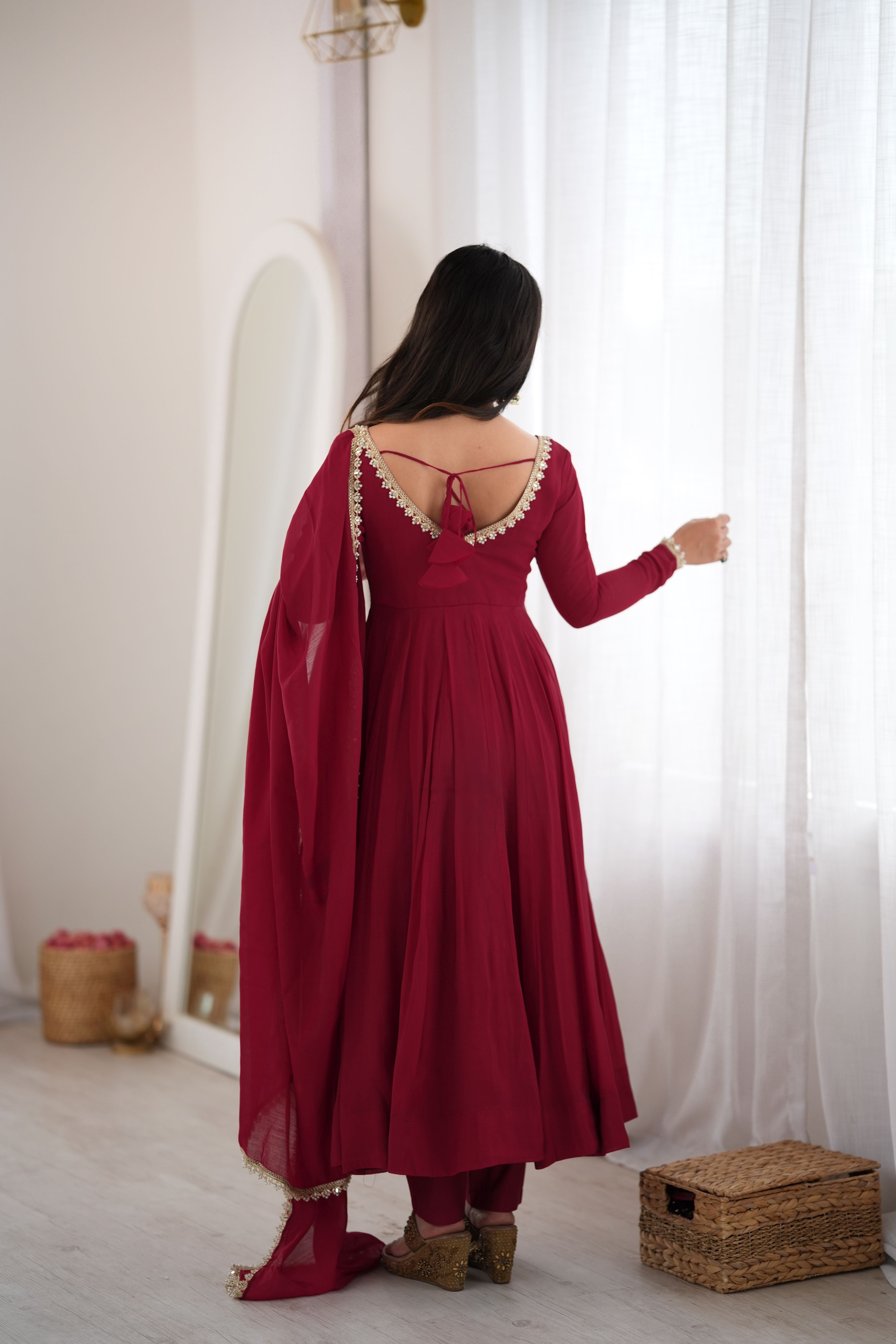 Burgundy Mal Chanderi Anarkali Gown Set with Mirror Work Dupatta