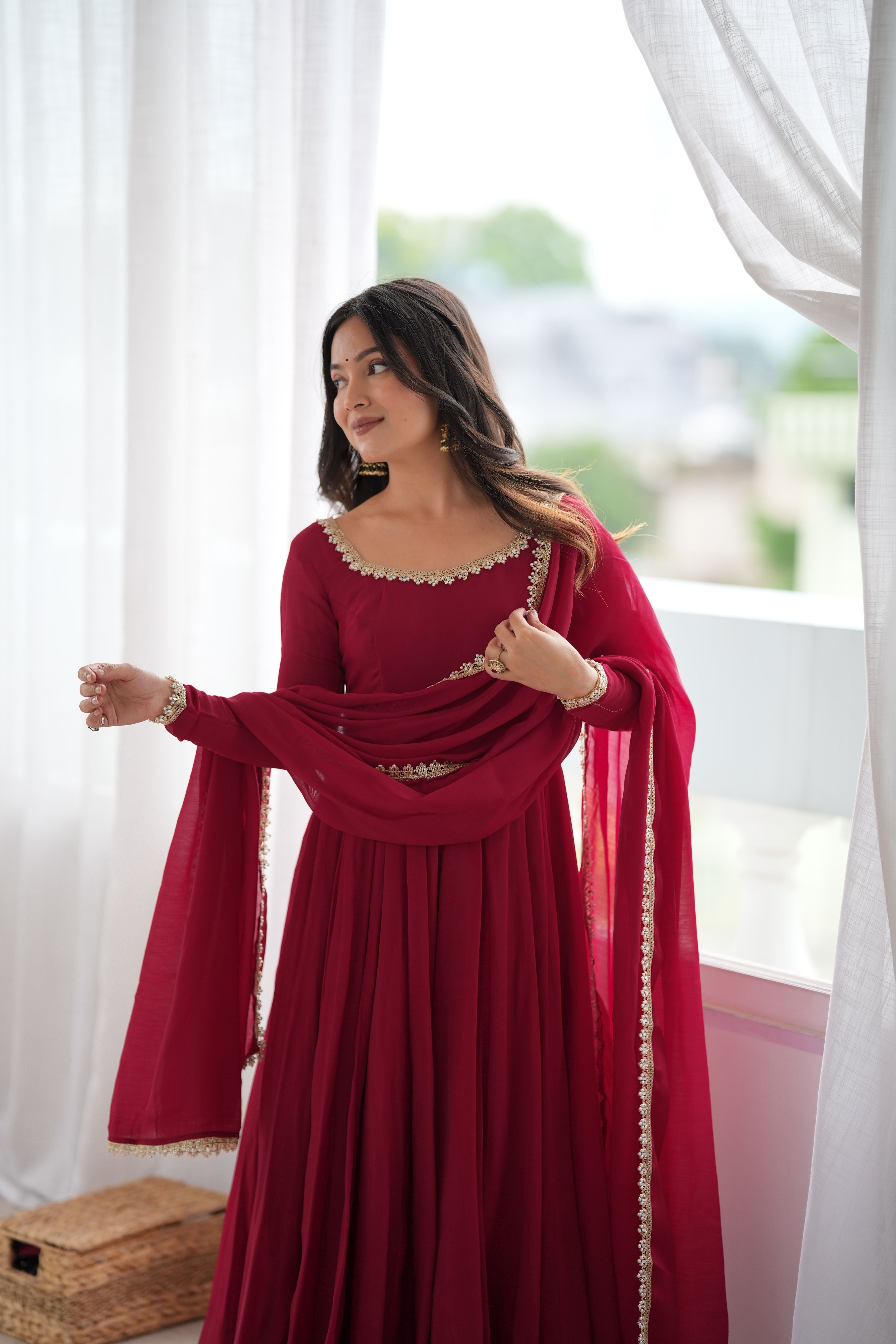Burgundy Mal Chanderi Anarkali Gown Set with Mirror Work Dupatta