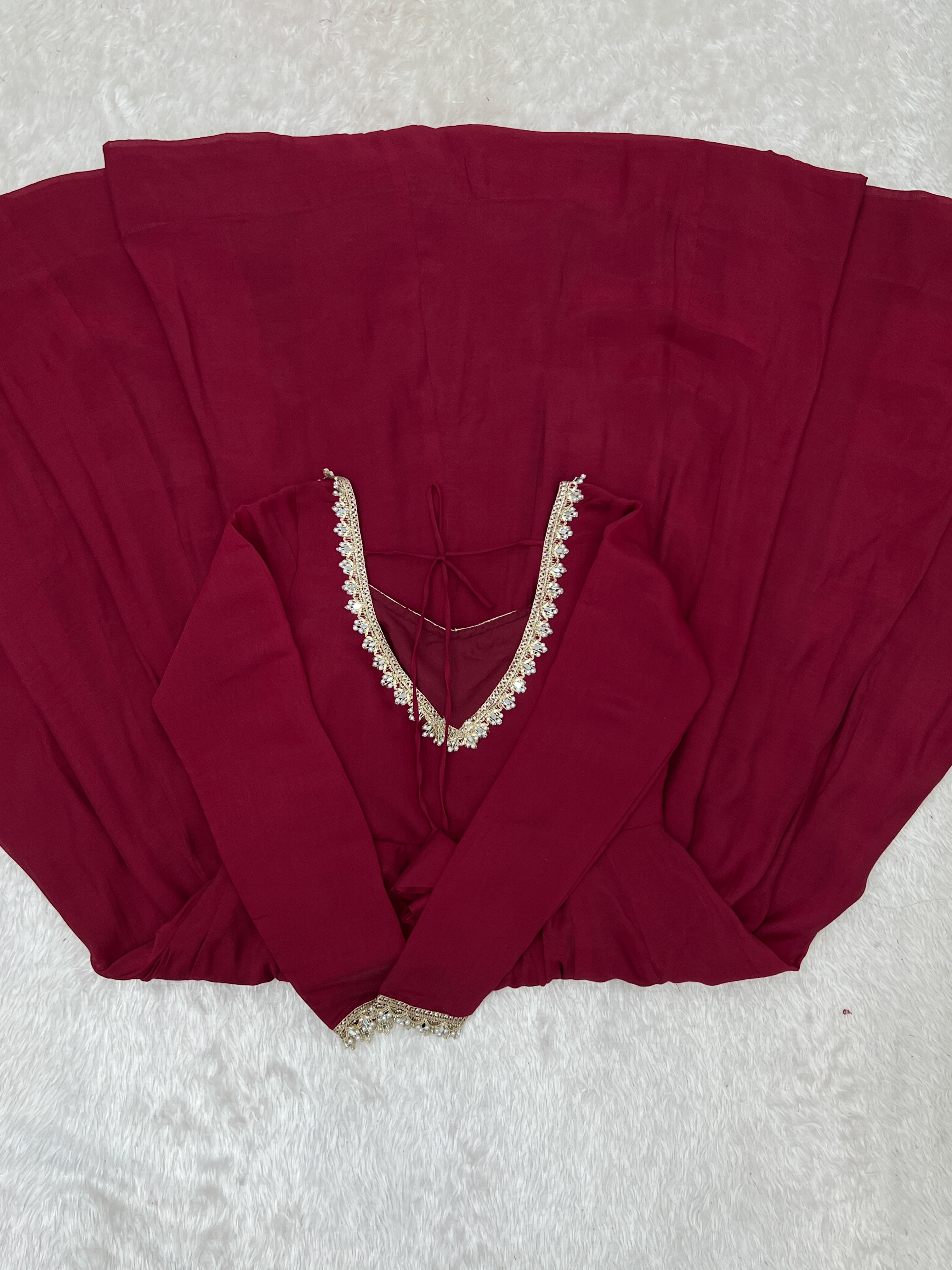 Burgundy Mal Chanderi Anarkali Gown Set with Mirror Work Dupatta