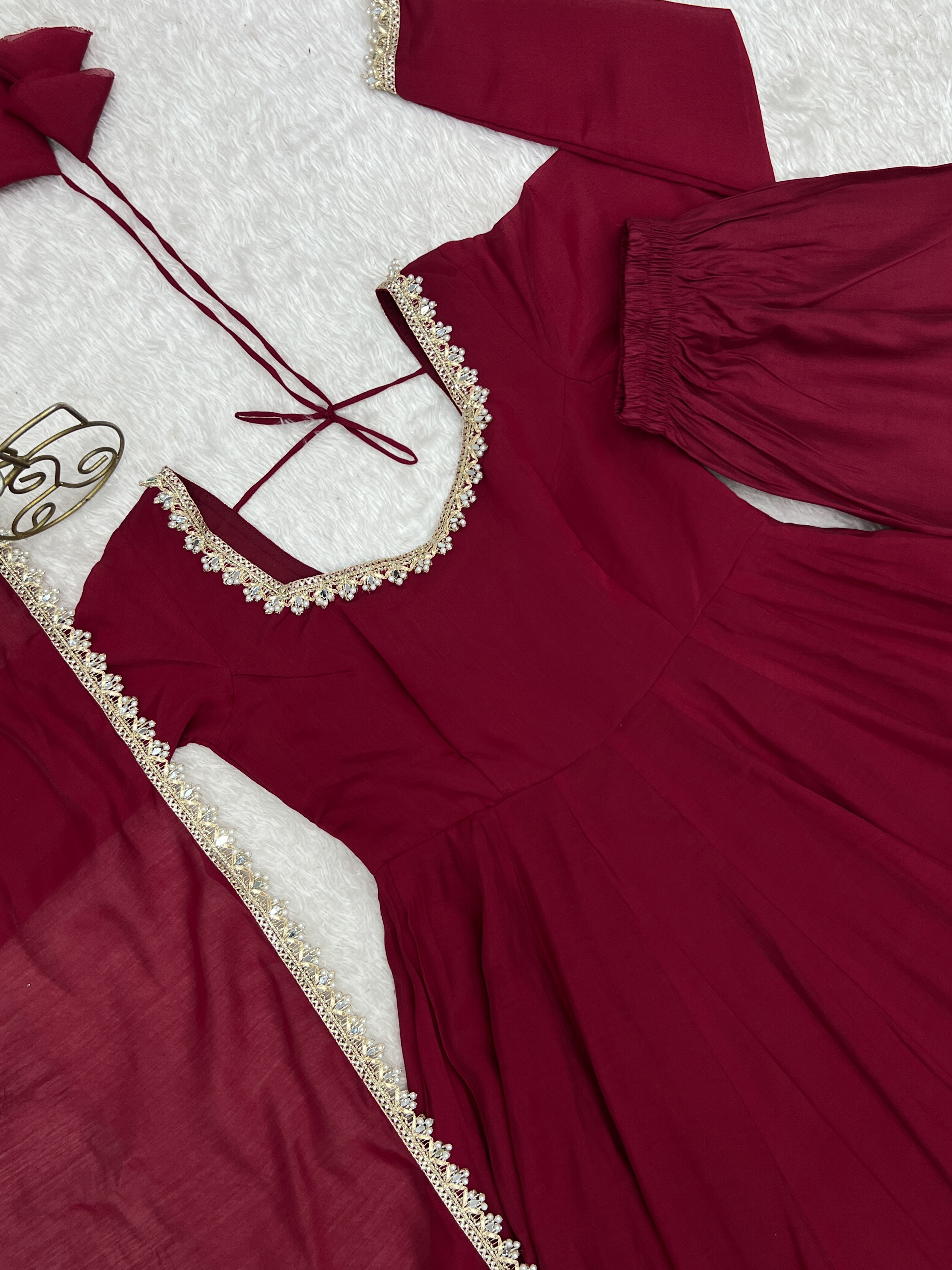 Burgundy Mal Chanderi Anarkali Gown Set with Mirror Work Dupatta