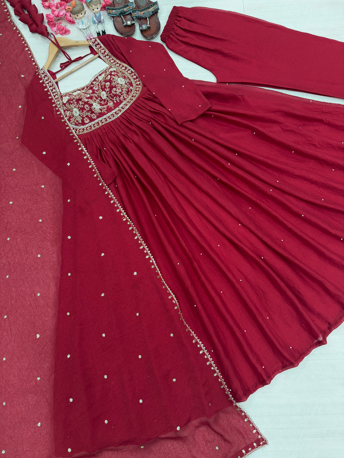 Rani Pink Rangoli Crush Embroidered Anarkali Gown Set with Dupatta & Palazzo