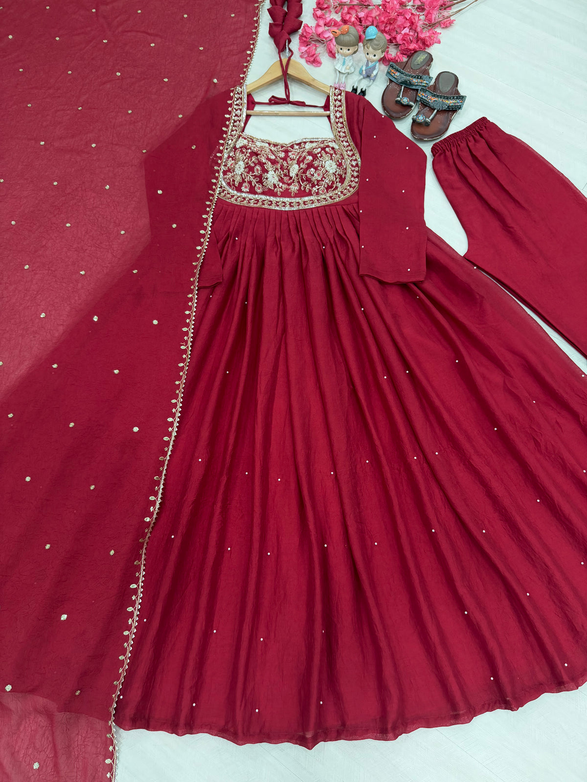 Rani Pink Rangoli Crush Embroidered Anarkali Gown Set with Dupatta & Palazzo