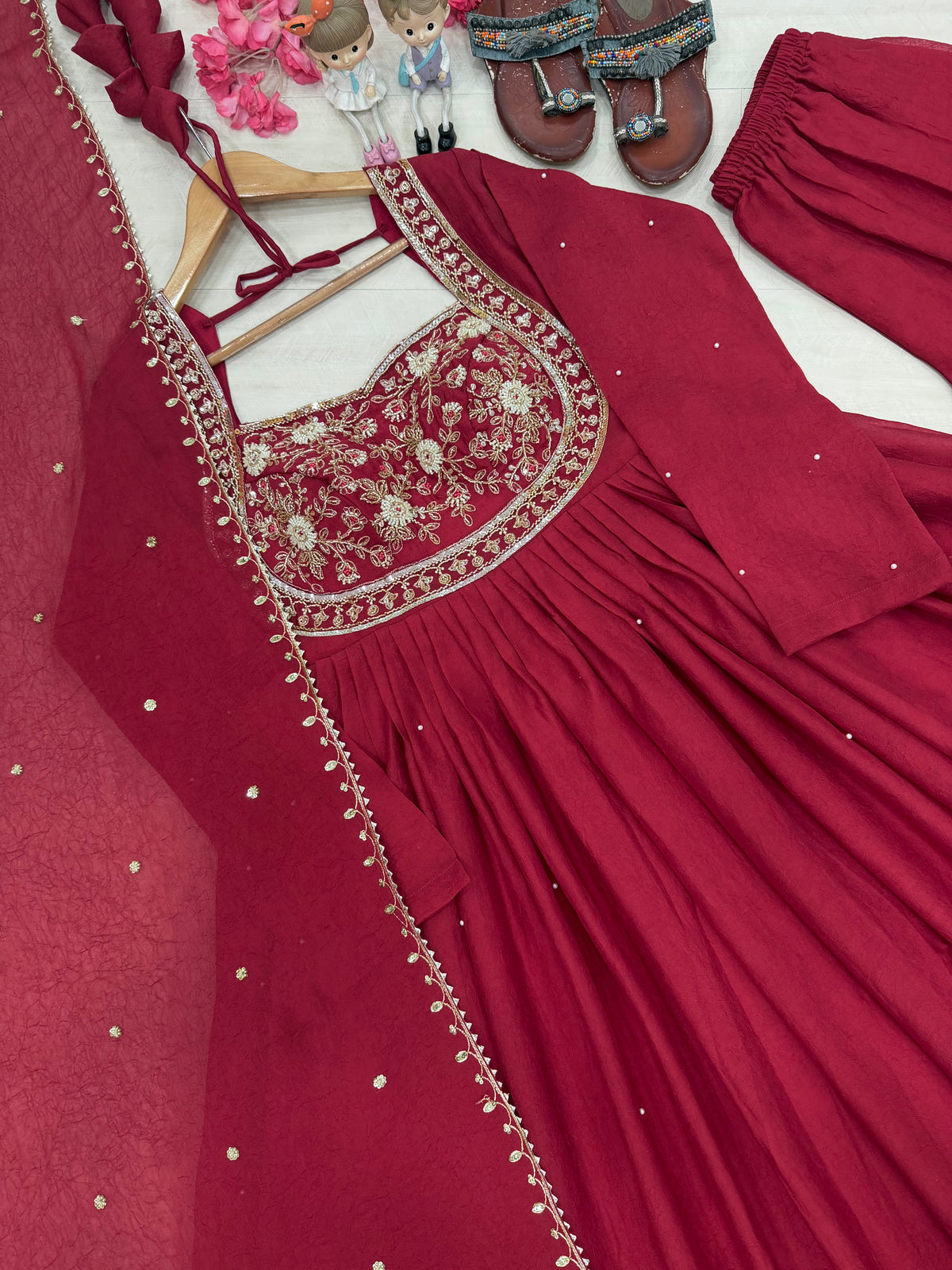 Rani Pink Rangoli Crush Embroidered Anarkali Gown Set with Dupatta & Palazzo