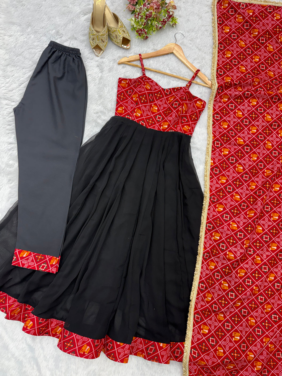 Red & Black Bandhani Anarkali Gown Set with Printed Dupatta