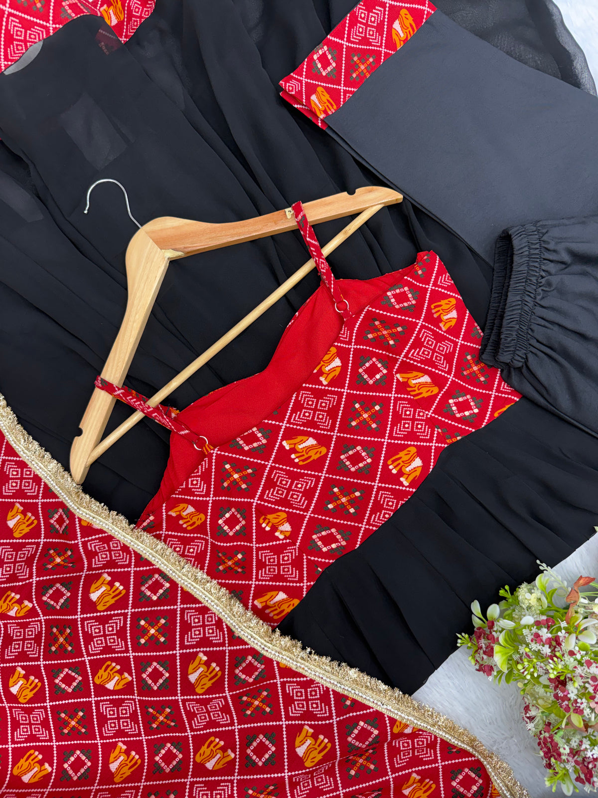 Red & Black Bandhani Anarkali Gown Set with Printed Dupatta