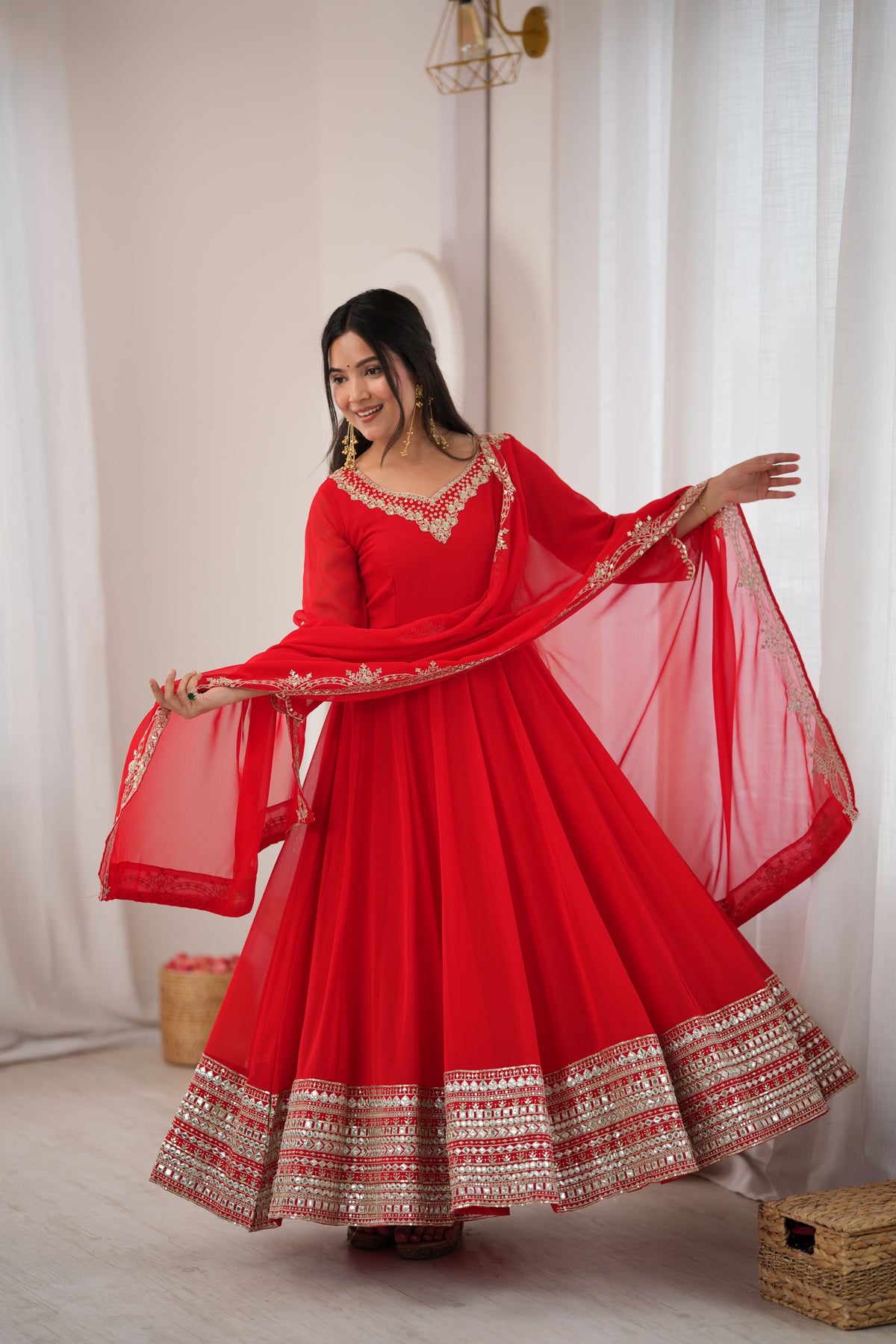 Red Heavy Georgette Paper Mirror Work Anarkali Gown Set with Dupatta