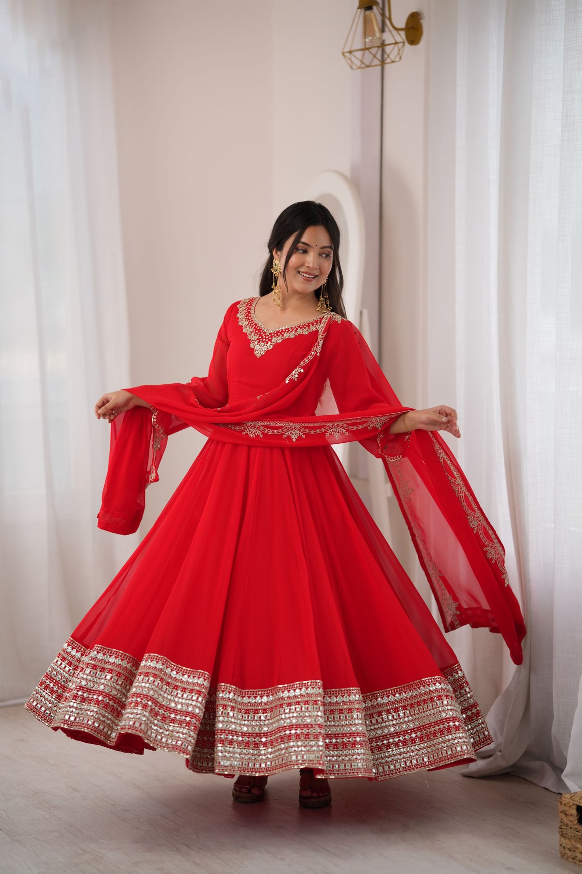 Red Heavy Georgette Paper Mirror Work Anarkali Gown Set with Dupatta