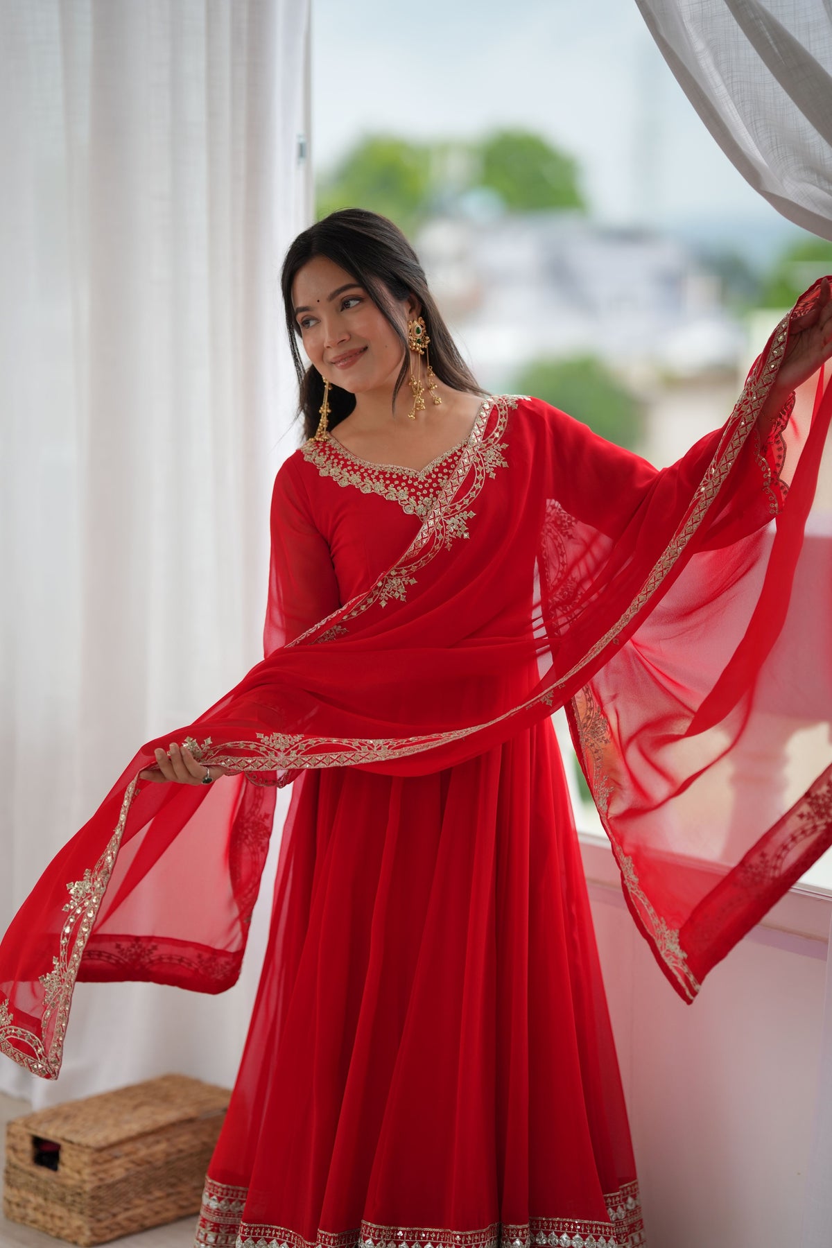 Red Heavy Georgette Paper Mirror Work Anarkali Gown Set with Dupatta