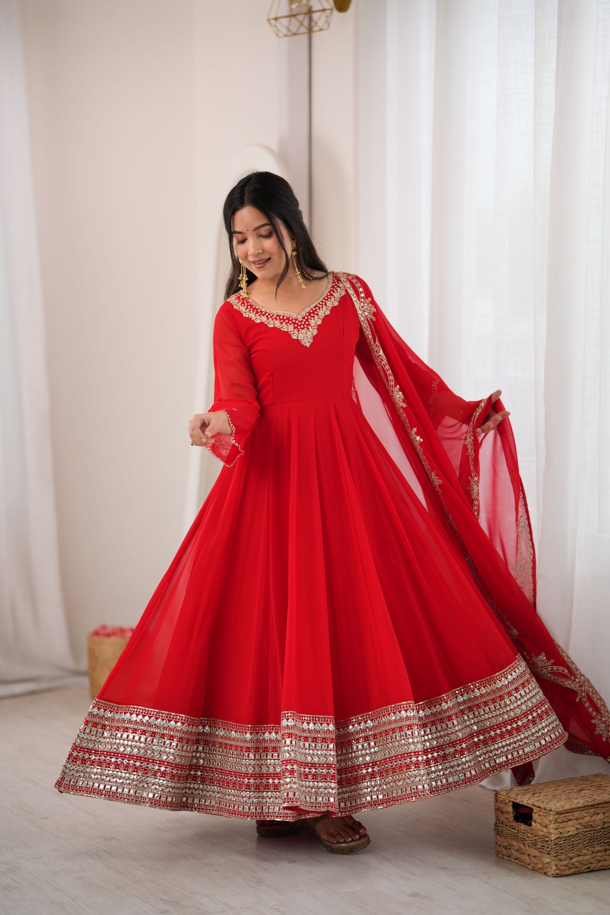 Red Heavy Georgette Paper Mirror Work Anarkali Gown Set with Dupatta