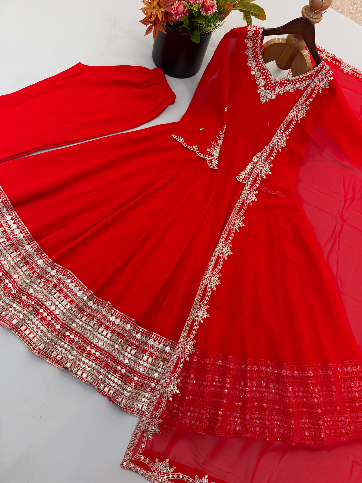 Red Heavy Georgette Paper Mirror Work Anarkali Gown Set with Dupatta