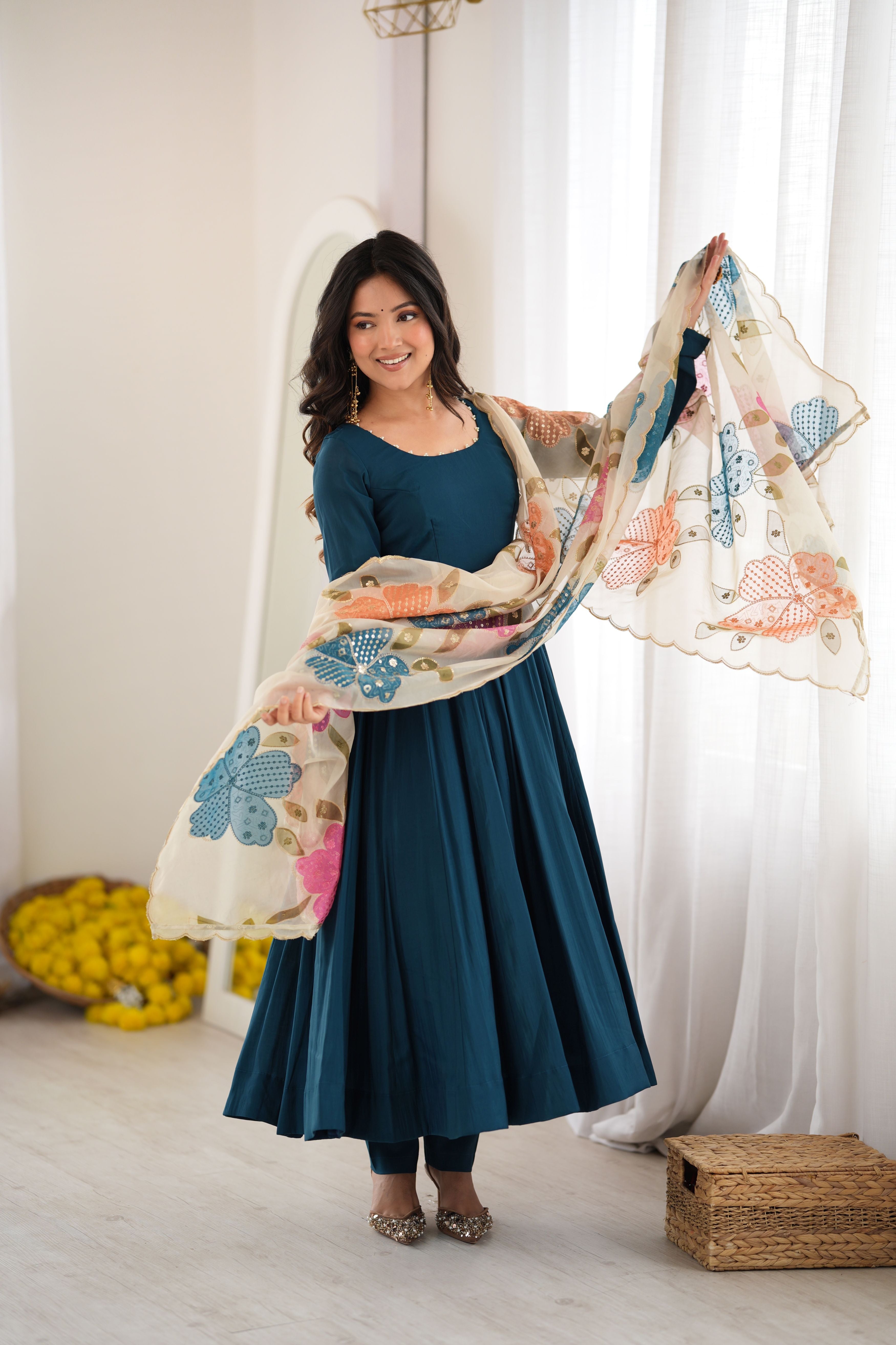Teal Blue Pure Roman Silk 16 Kali Anarkali Gown with Printed Dupatta & Pant