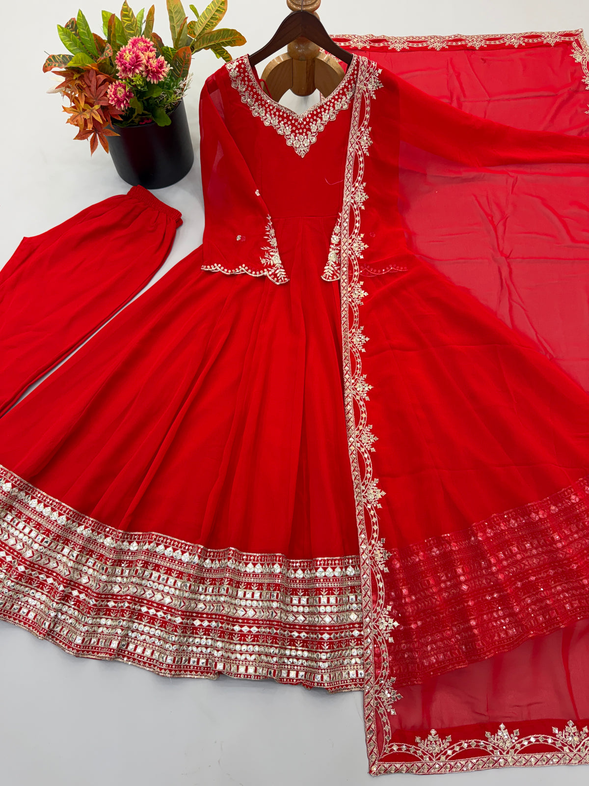 Red Heavy Georgette Paper Mirror Work Anarkali Gown Set with Dupatta