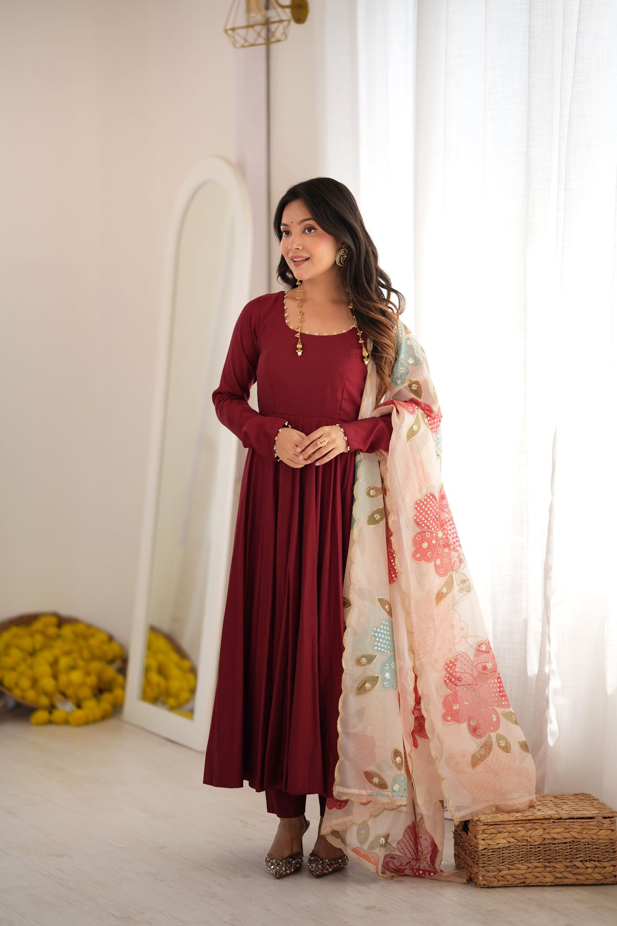 Burgundy Heavy Roman Silk 16 Kali Anarkali Gown with Printed Dupatta