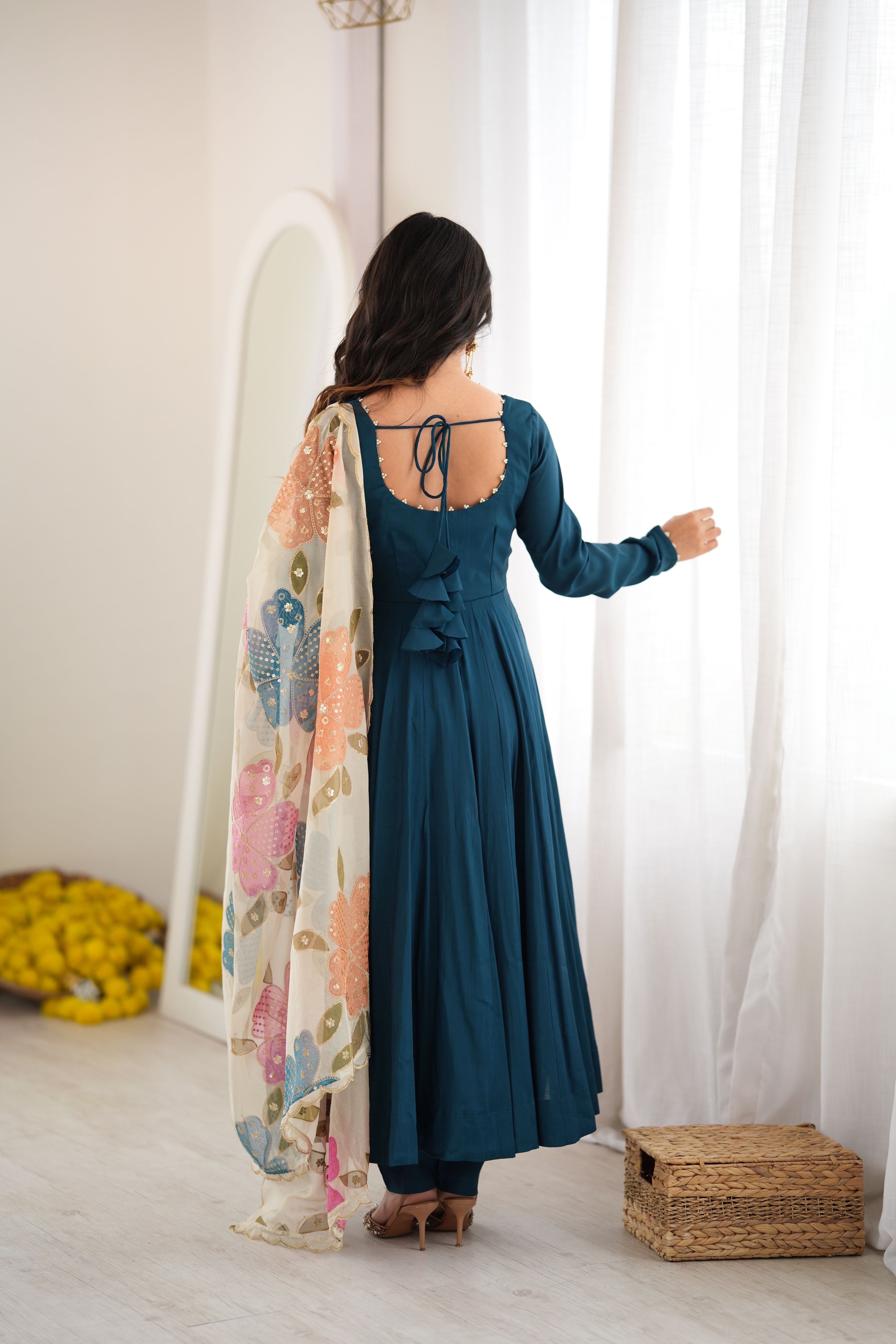 Teal Blue Pure Roman Silk 16 Kali Anarkali Gown with Printed Dupatta & Pant