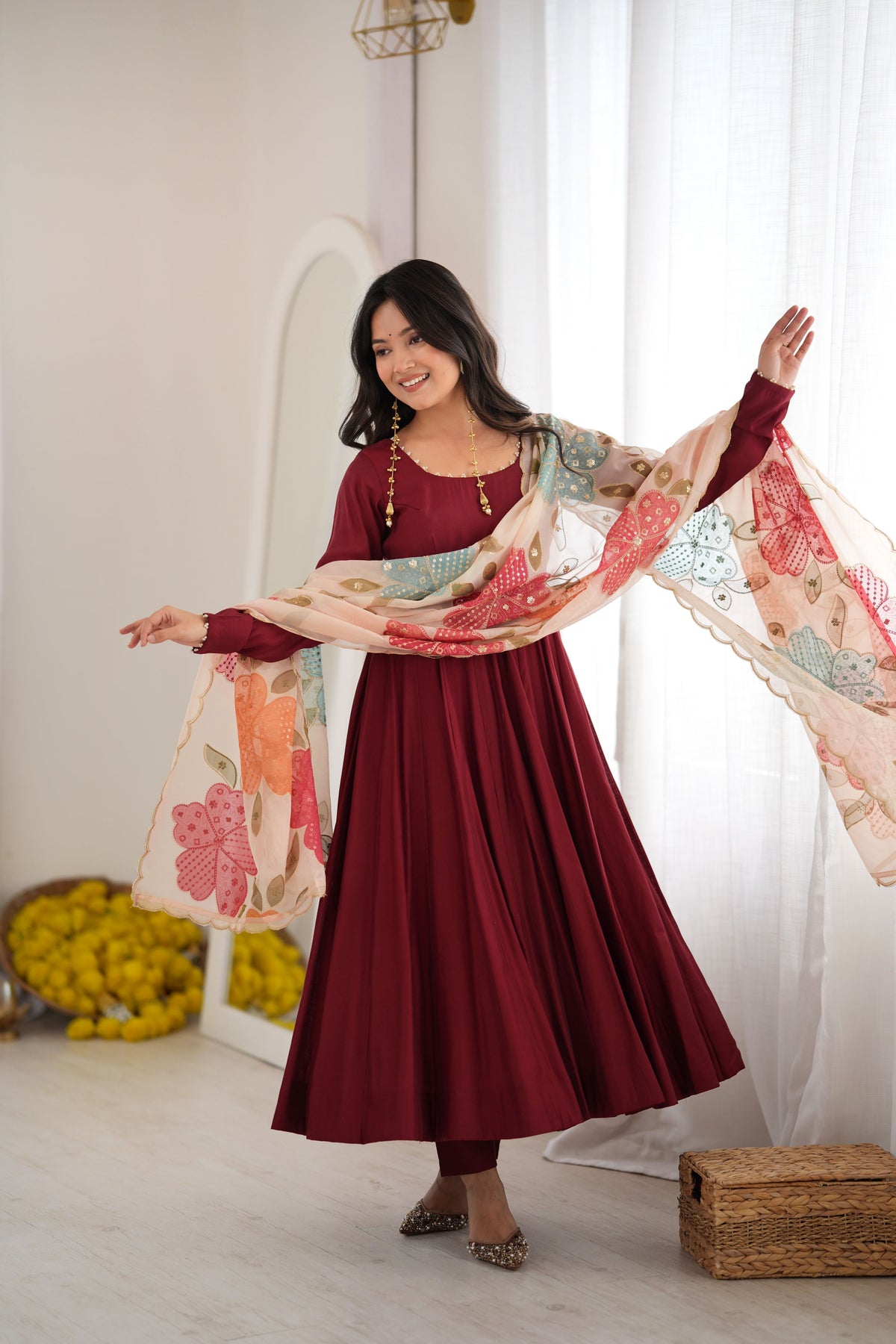 Burgundy Heavy Roman Silk 16 Kali Anarkali Gown with Printed Dupatta