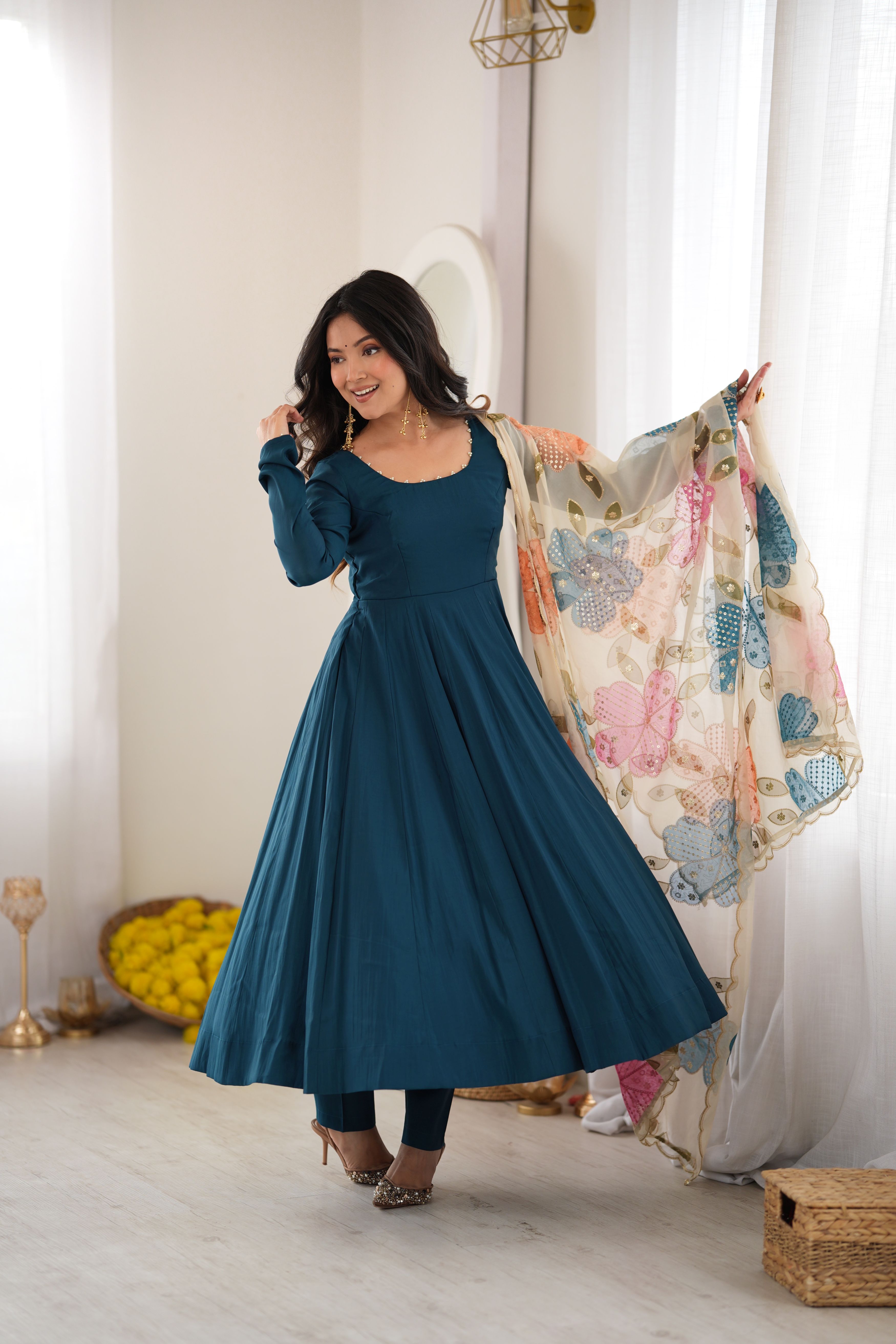 Teal Blue Pure Roman Silk 16 Kali Anarkali Gown with Printed Dupatta & Pant