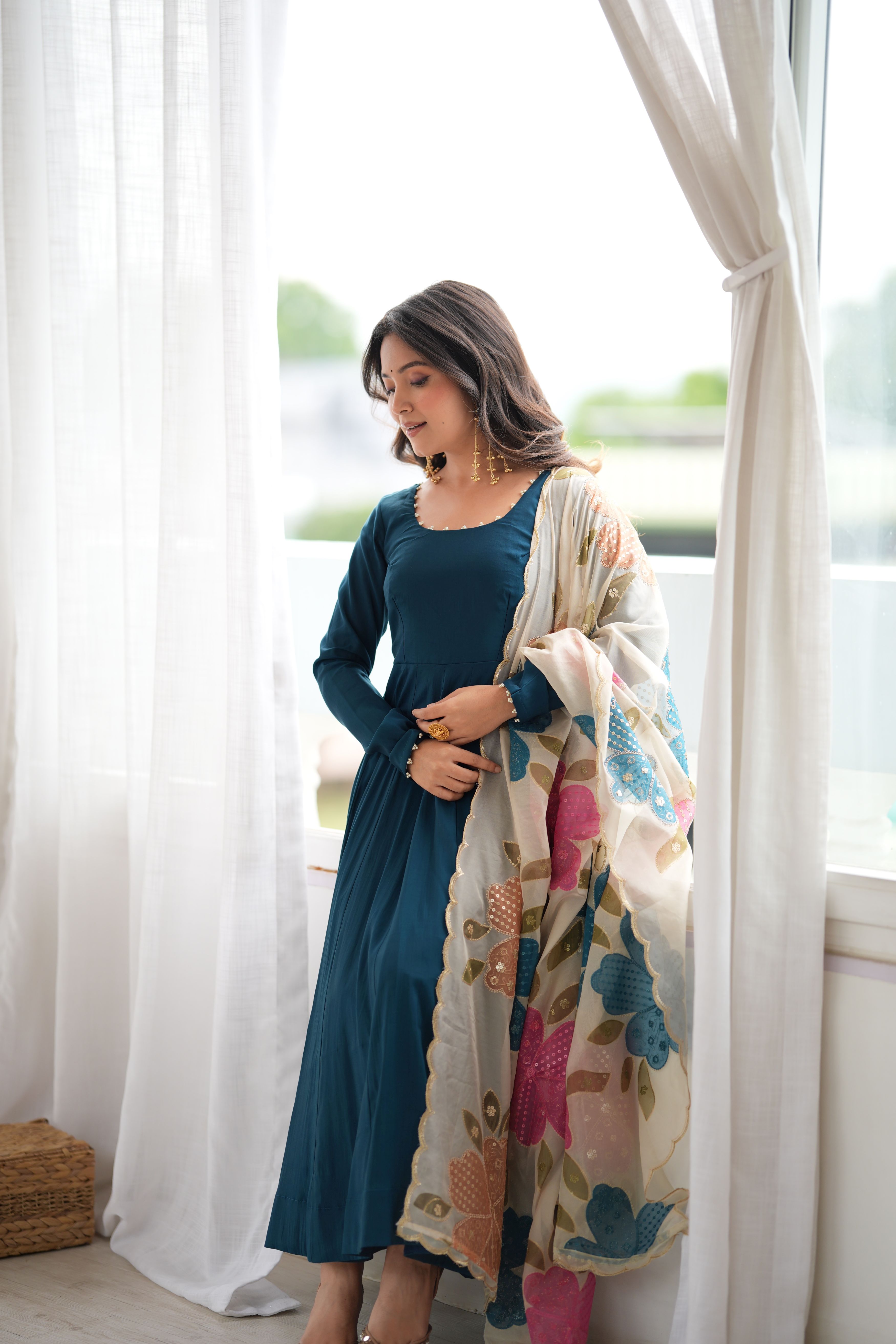 Teal Blue Pure Roman Silk 16 Kali Anarkali Gown with Printed Dupatta & Pant