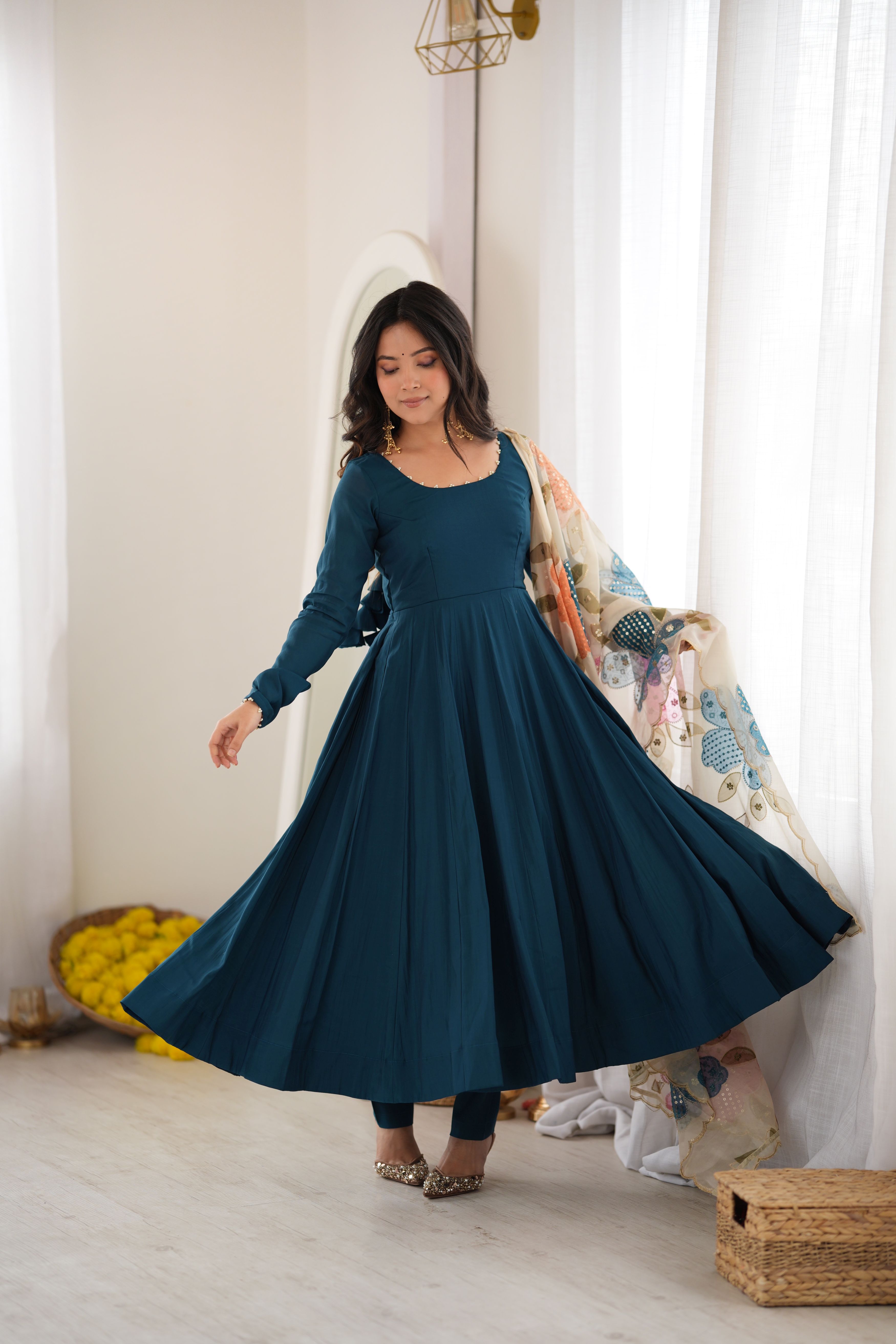 Teal Blue Pure Roman Silk 16 Kali Anarkali Gown with Printed Dupatta & Pant