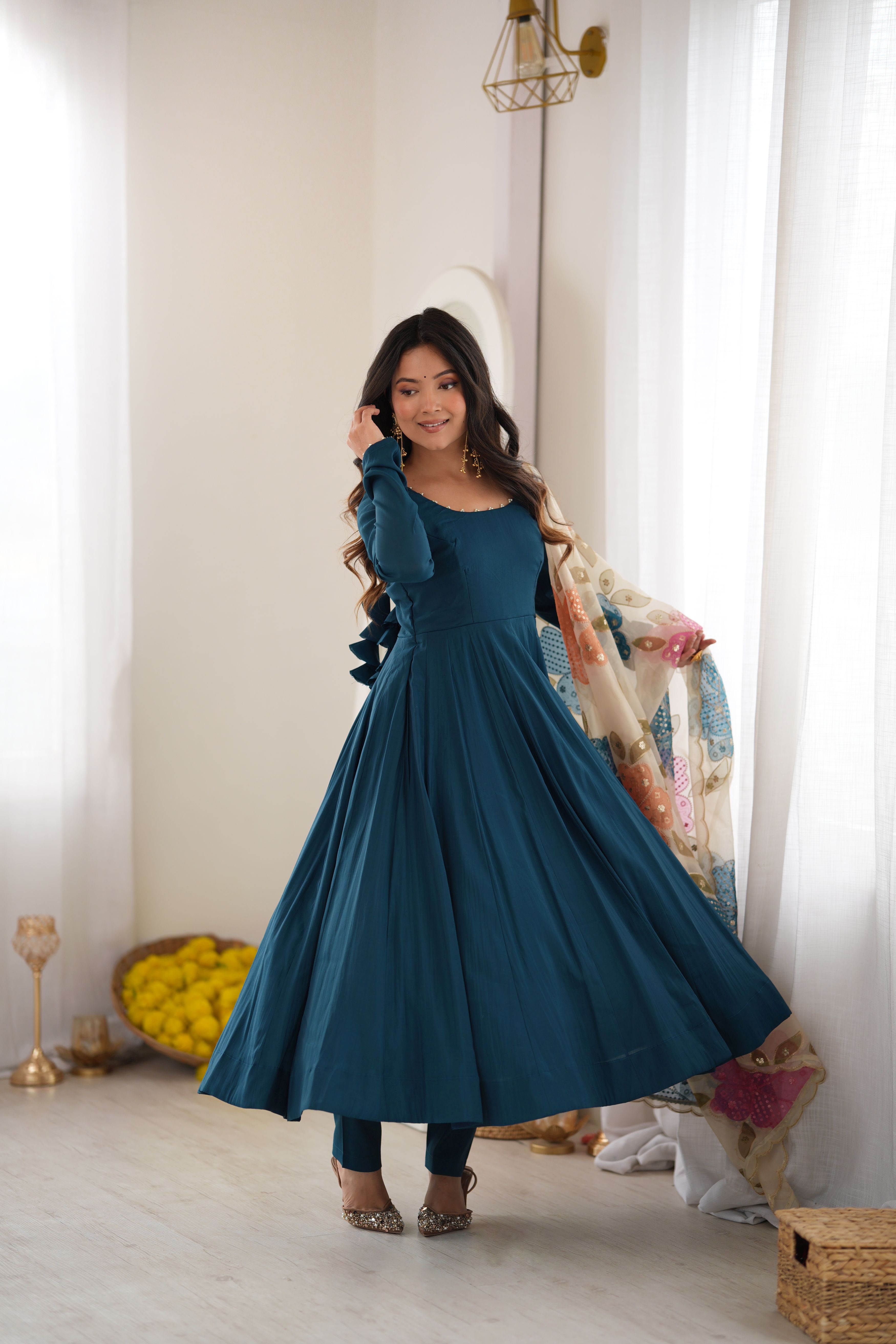 Teal Blue Pure Roman Silk 16 Kali Anarkali Gown with Printed Dupatta & Pant