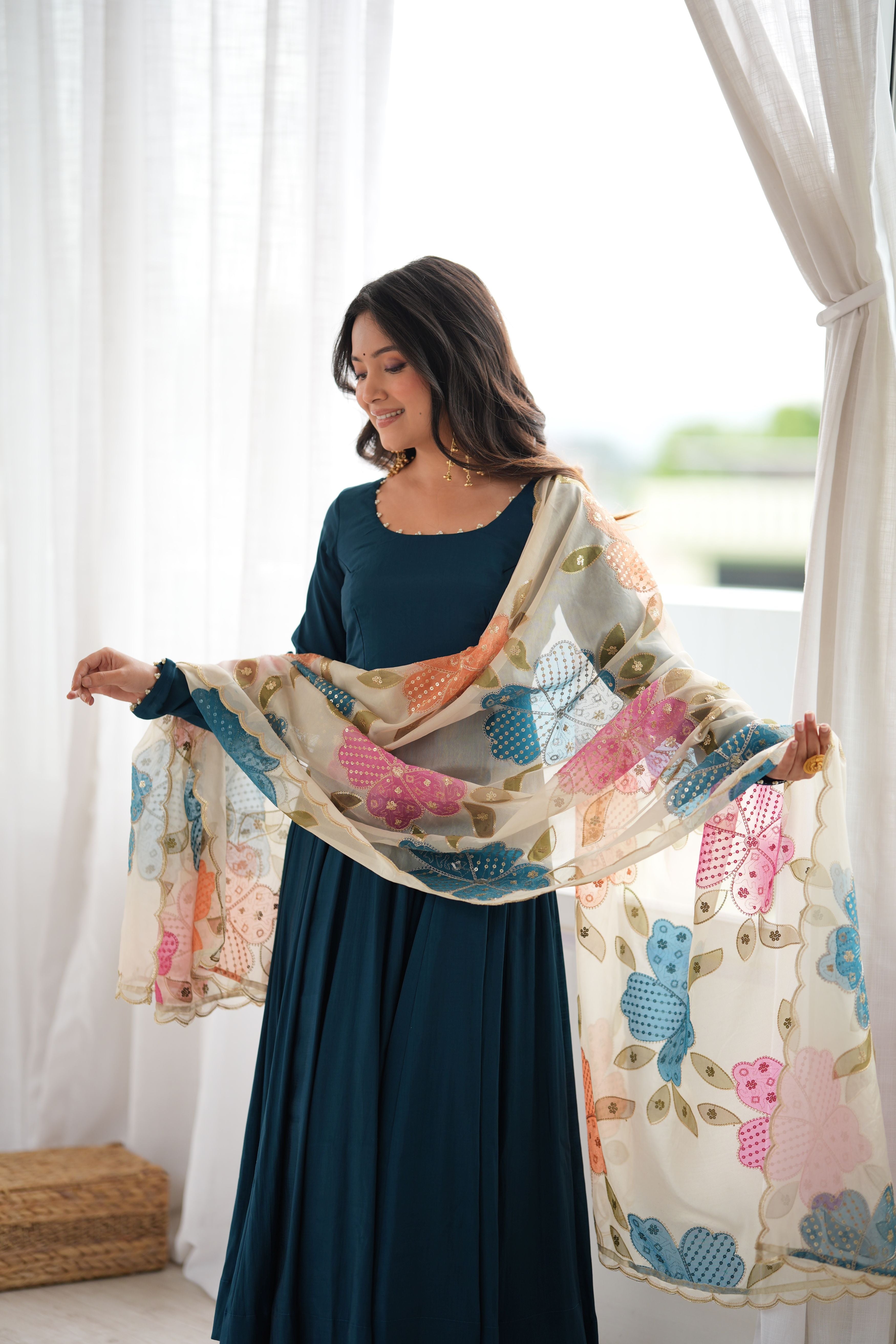 Teal Blue Pure Roman Silk 16 Kali Anarkali Gown with Printed Dupatta & Pant
