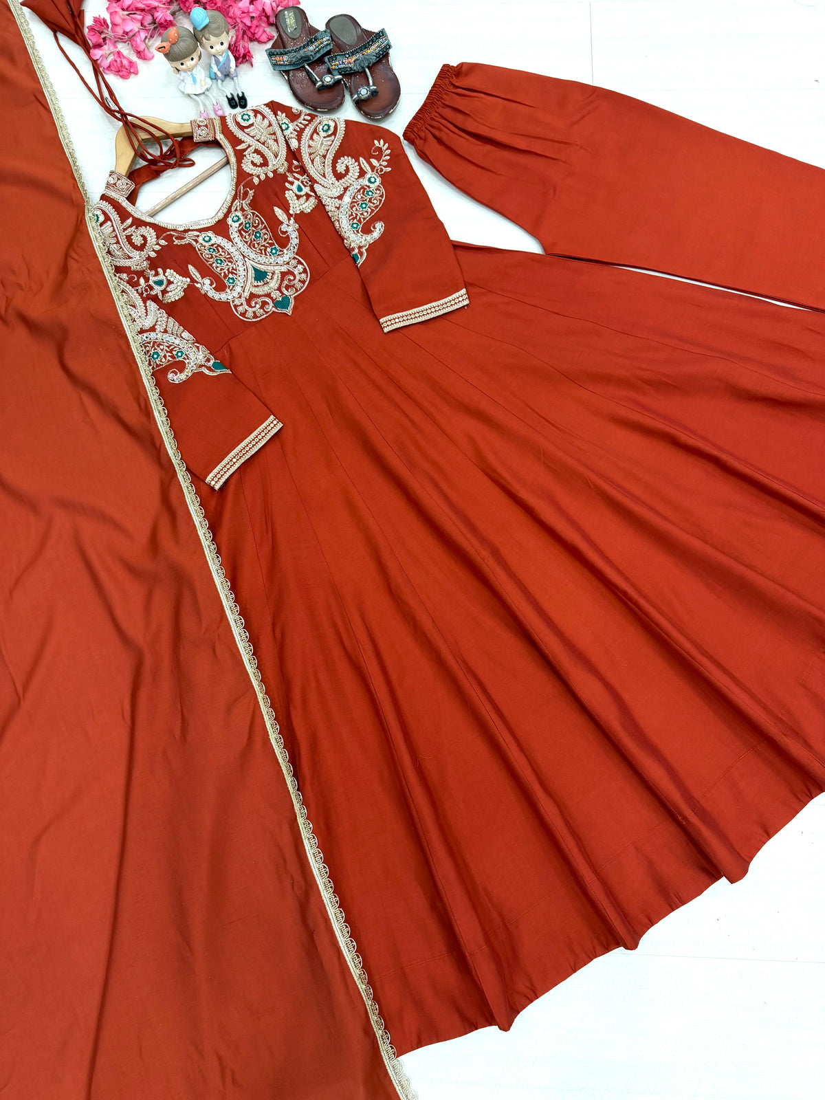 Rust Orange Roman Silk Embroidered Anarkali Gown Set with Dupatta & Palazzo