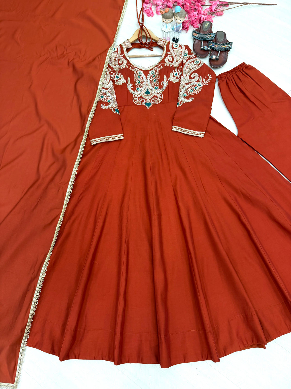 Rust Orange Roman Silk Embroidered Anarkali Gown Set with Dupatta & Palazzo