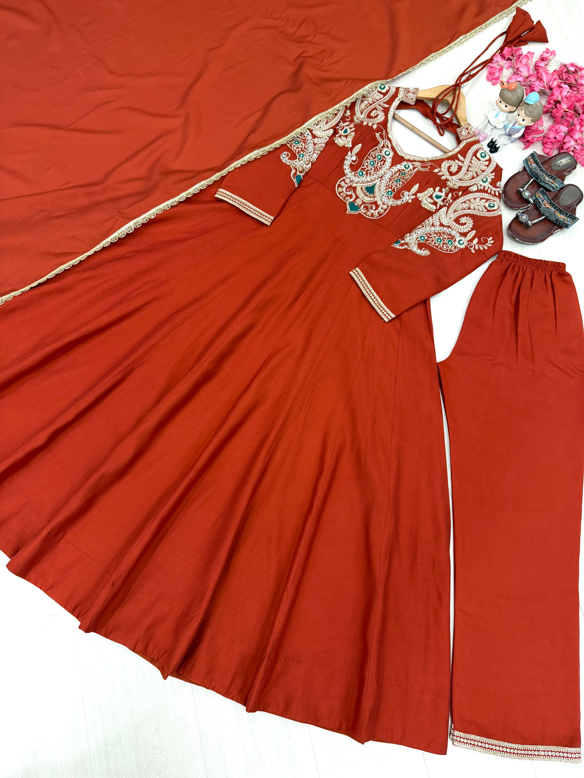 Rust Orange Roman Silk Embroidered Anarkali Gown Set with Dupatta & Palazzo