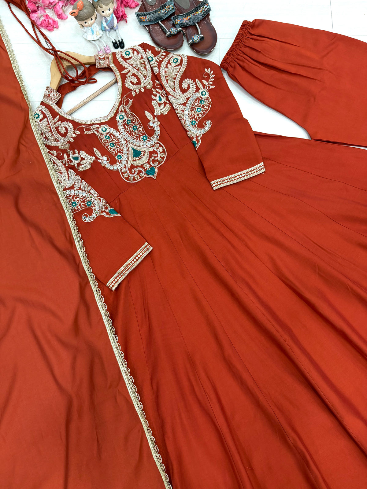 Rust Orange Roman Silk Embroidered Anarkali Gown Set with Dupatta & Palazzo