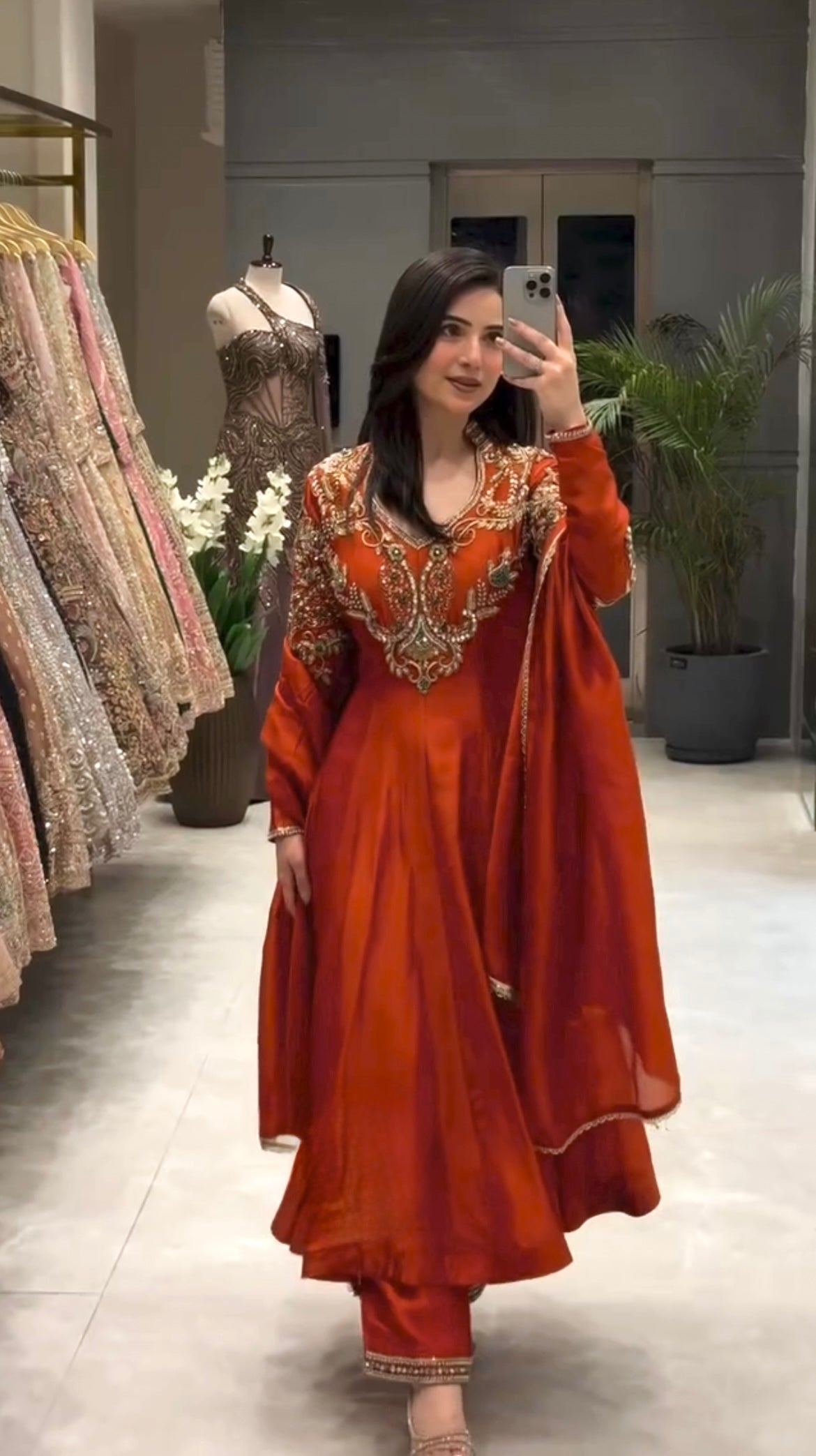 Rust Orange Roman Silk Embroidered Anarkali Gown Set with Dupatta & Palazzo