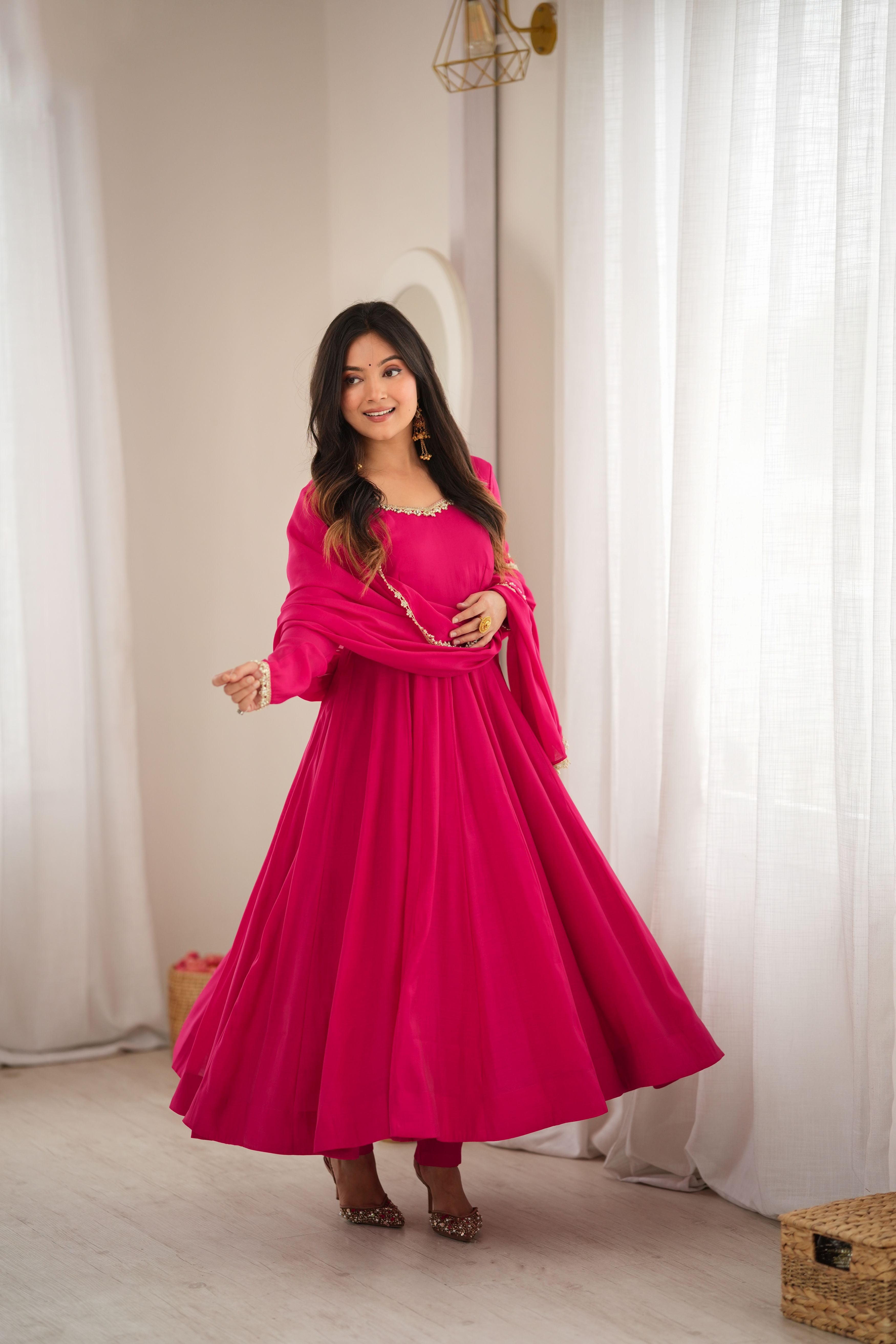 Fuchsia Pink Pure Mal Chanderi Flared Anarkali Suit Set