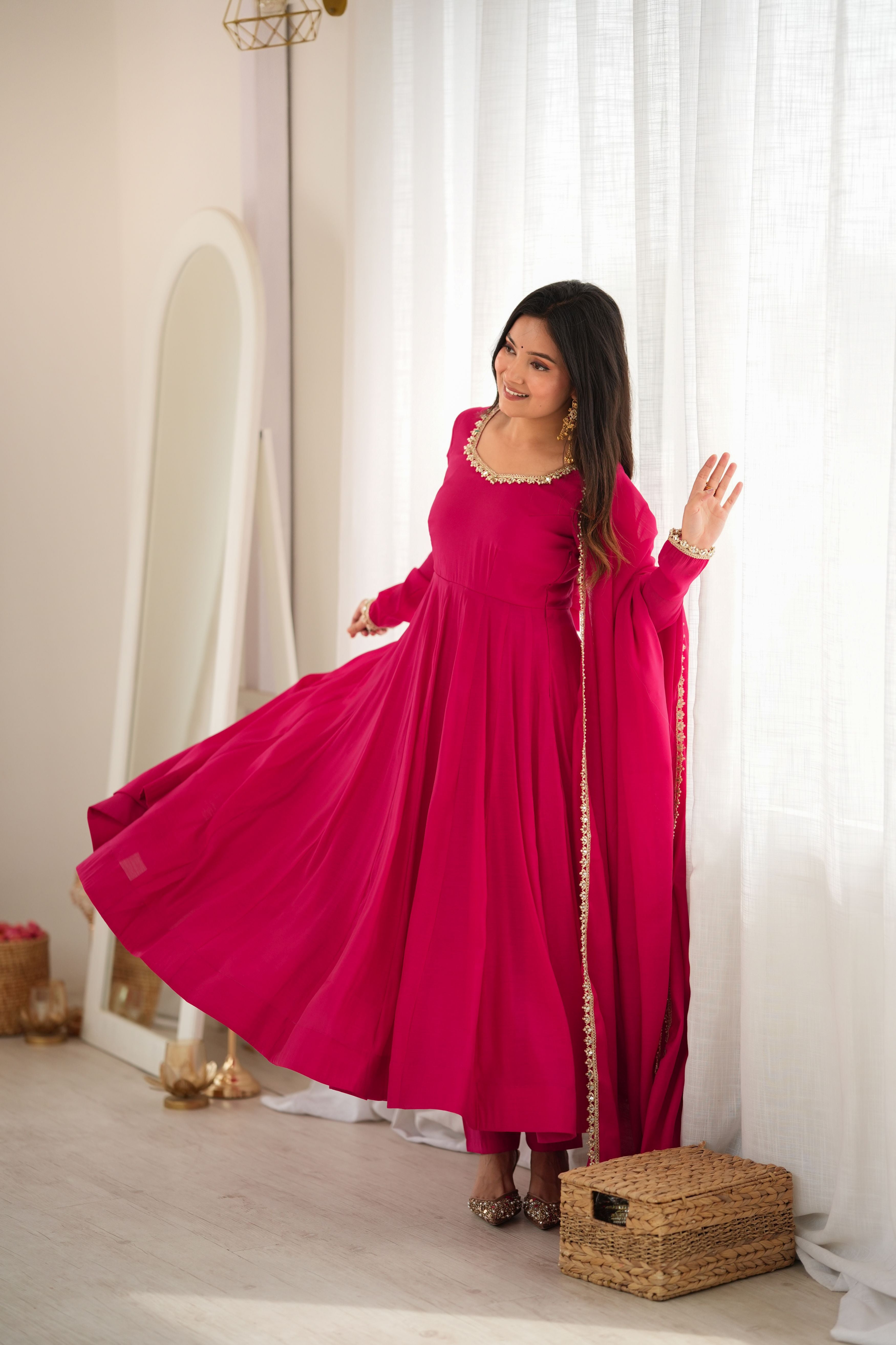 Fuchsia Pink Pure Mal Chanderi Flared Anarkali Suit Set