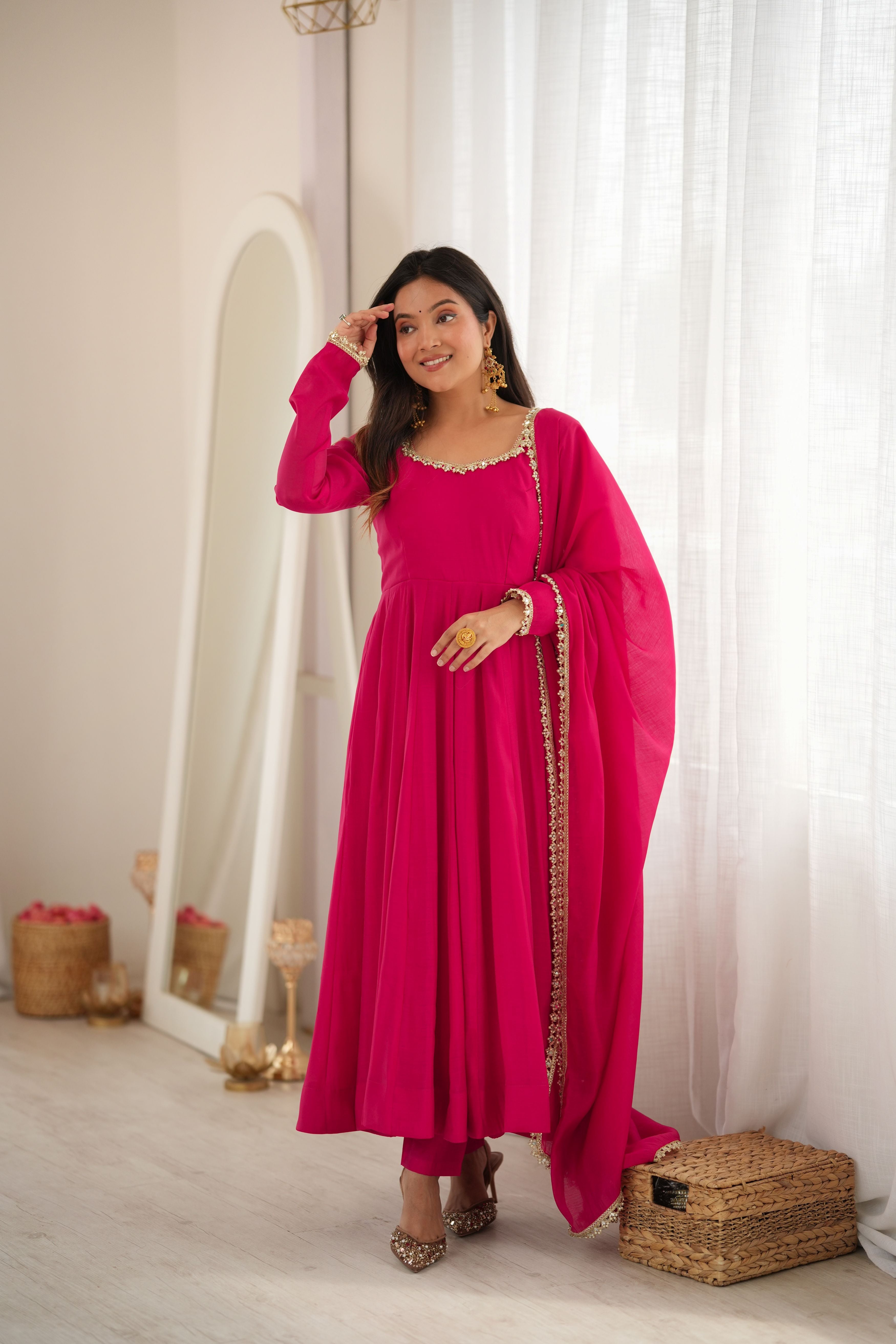 Fuchsia Pink Pure Mal Chanderi Flared Anarkali Suit Set