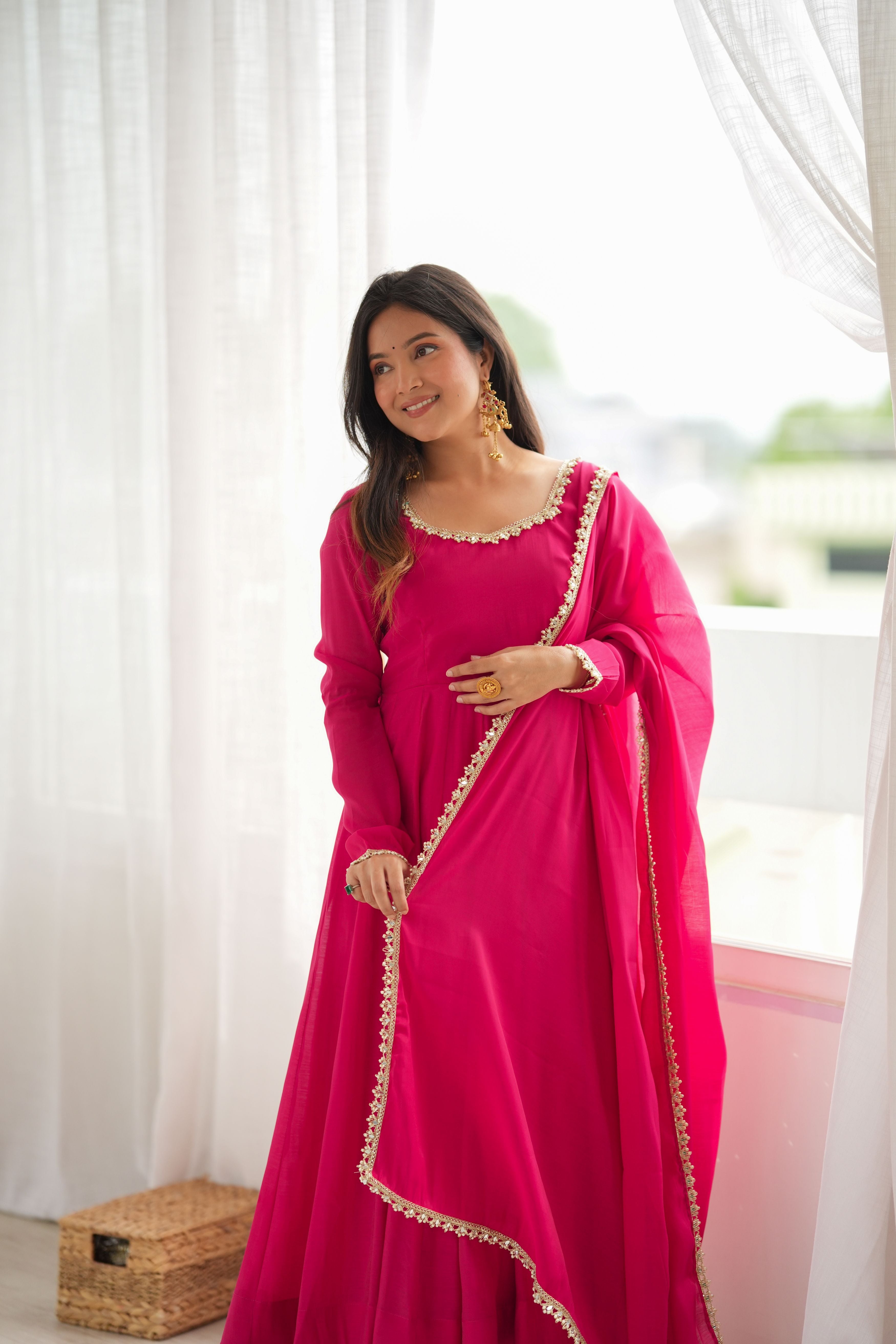 Fuchsia Pink Pure Mal Chanderi Flared Anarkali Suit Set