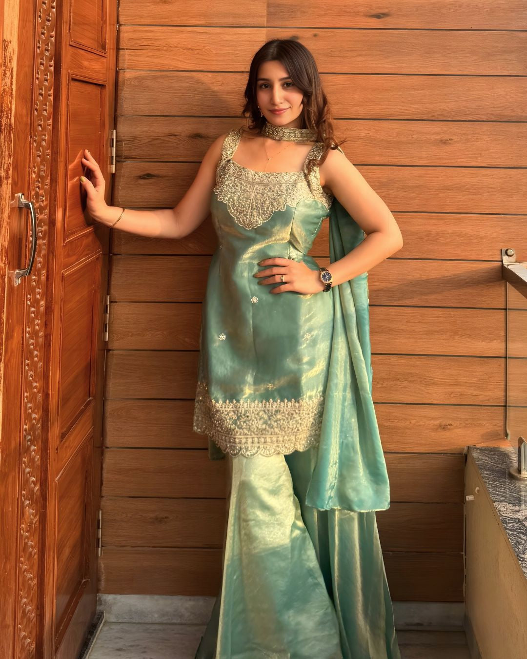 Olive Green Heavy Fandy Silk Sequin Embroidered Sharara Palazzo Set