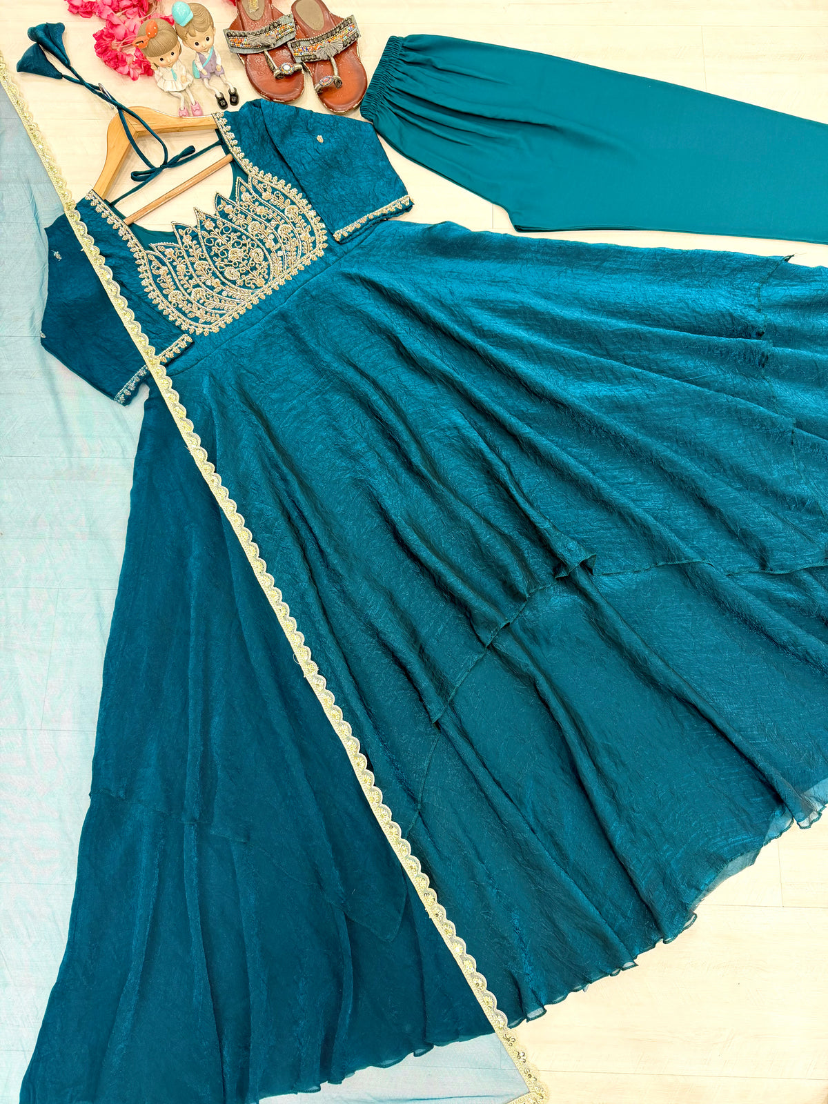 Teal Blue Fandy Crush Silk Embroidered Anarkali Gown Set with Net Dupatta