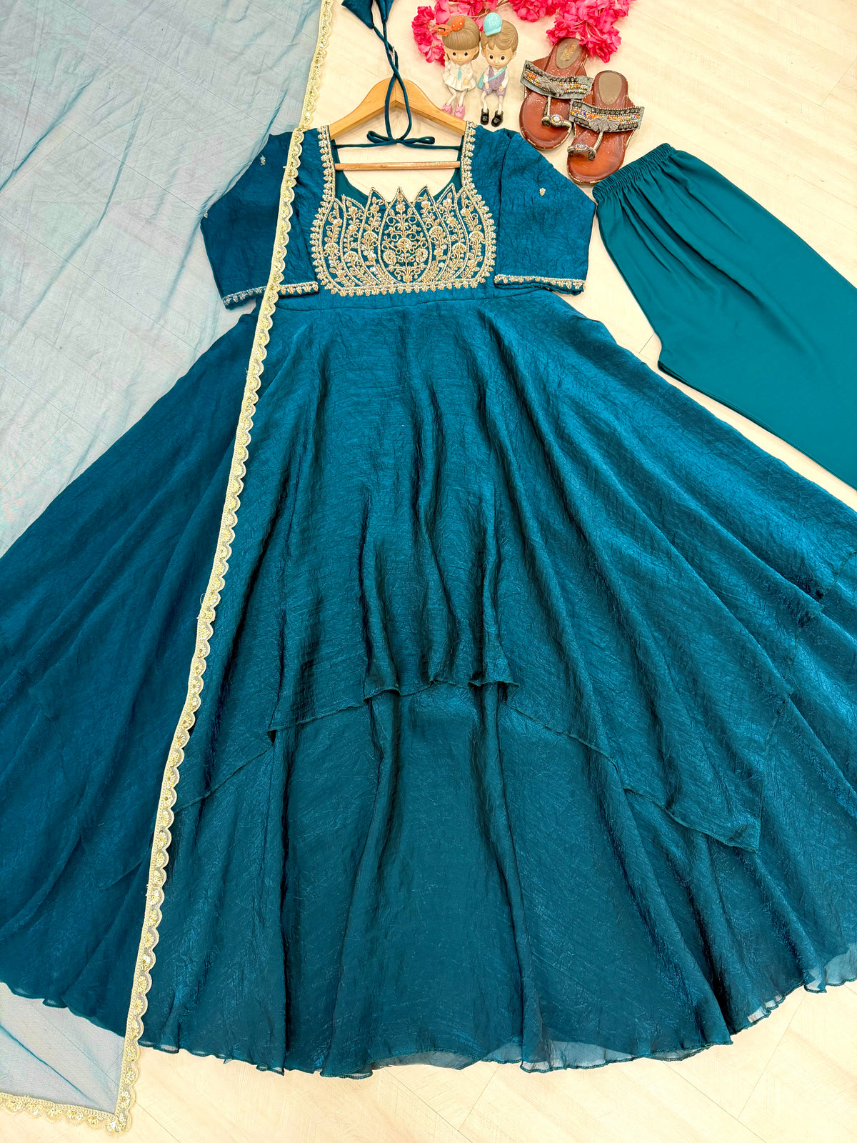 Teal Blue Fandy Crush Silk Embroidered Anarkali Gown Set with Net Dupatta