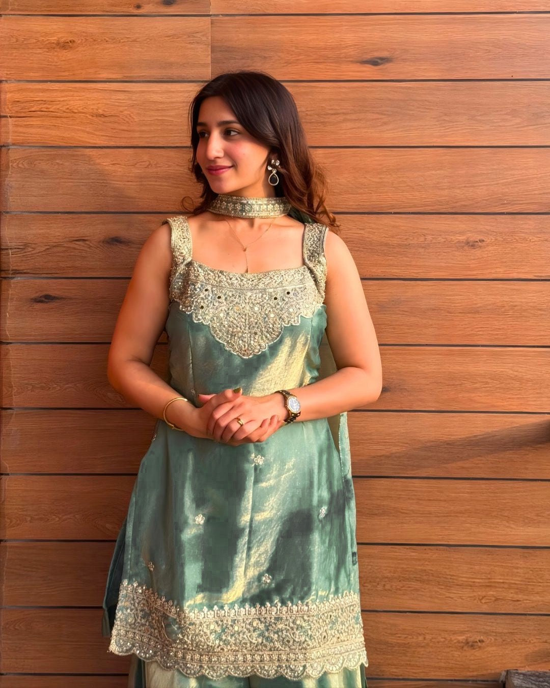 Olive Green Heavy Fandy Silk Sequin Embroidered Sharara Palazzo Set
