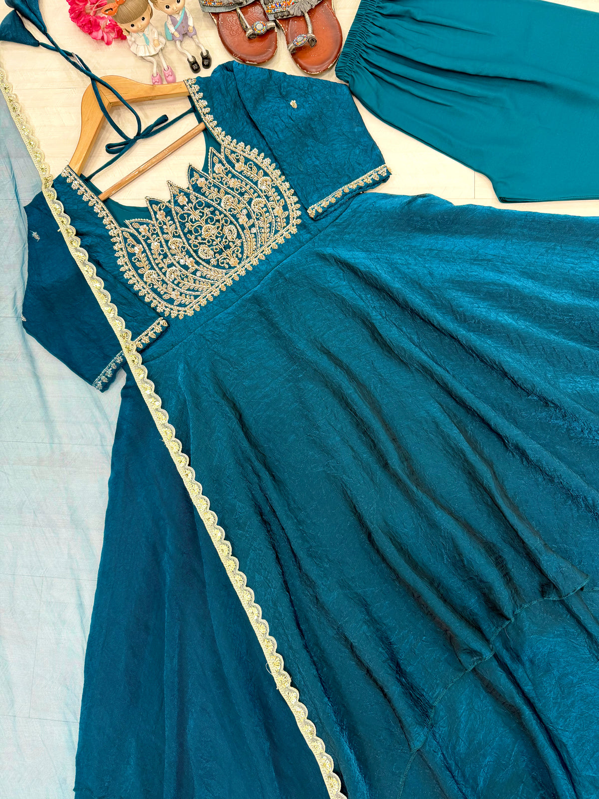 Teal Blue Fandy Crush Silk Embroidered Anarkali Gown Set with Net Dupatta