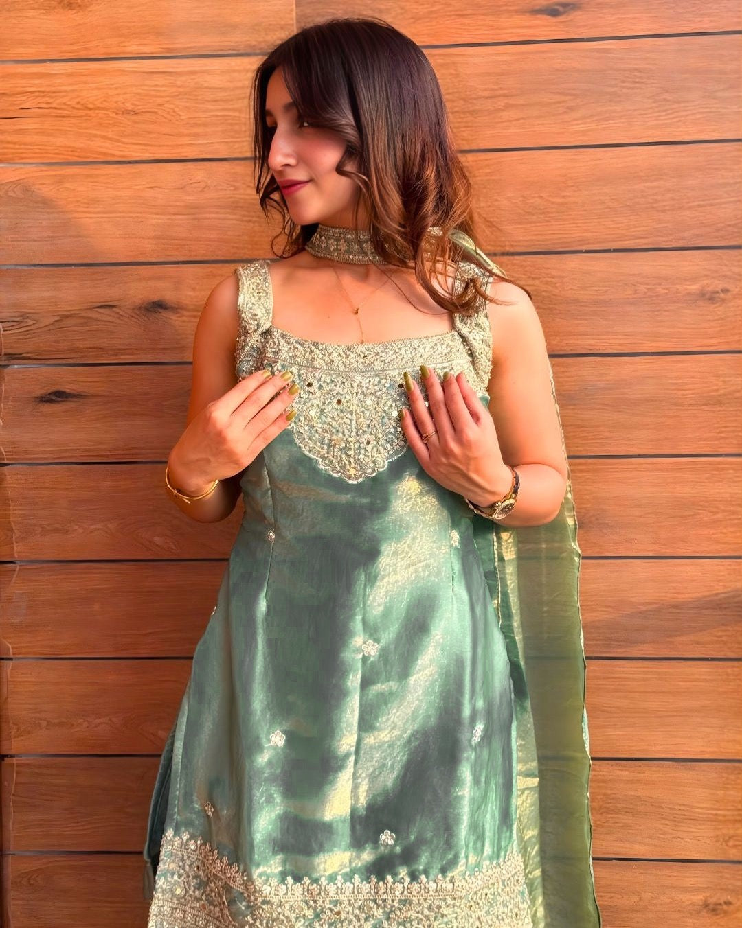Olive Green Heavy Fandy Silk Sequin Embroidered Sharara Palazzo Set