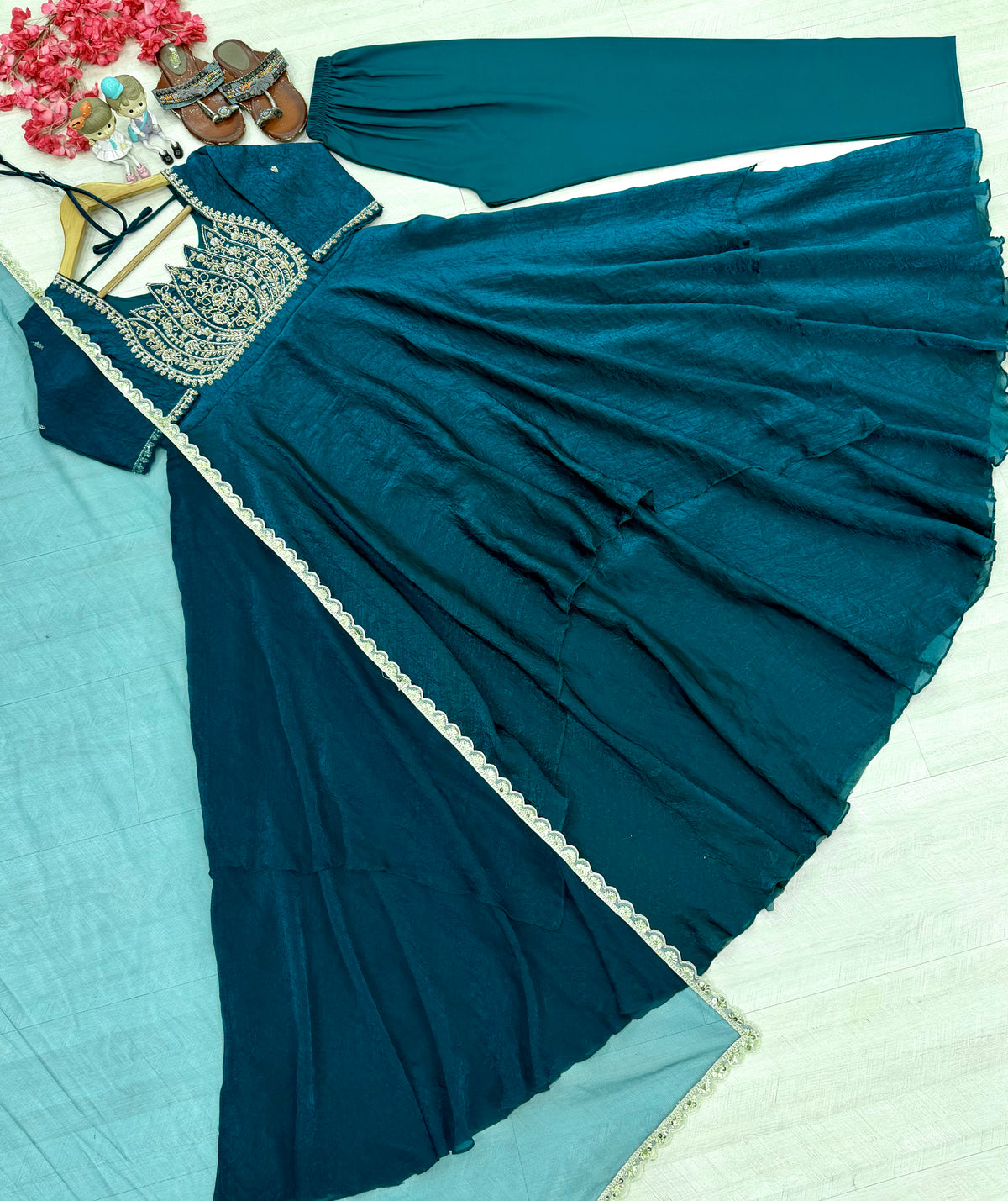Teal Blue Fandy Crush Silk Embroidered Anarkali Gown Set with Net Dupatta