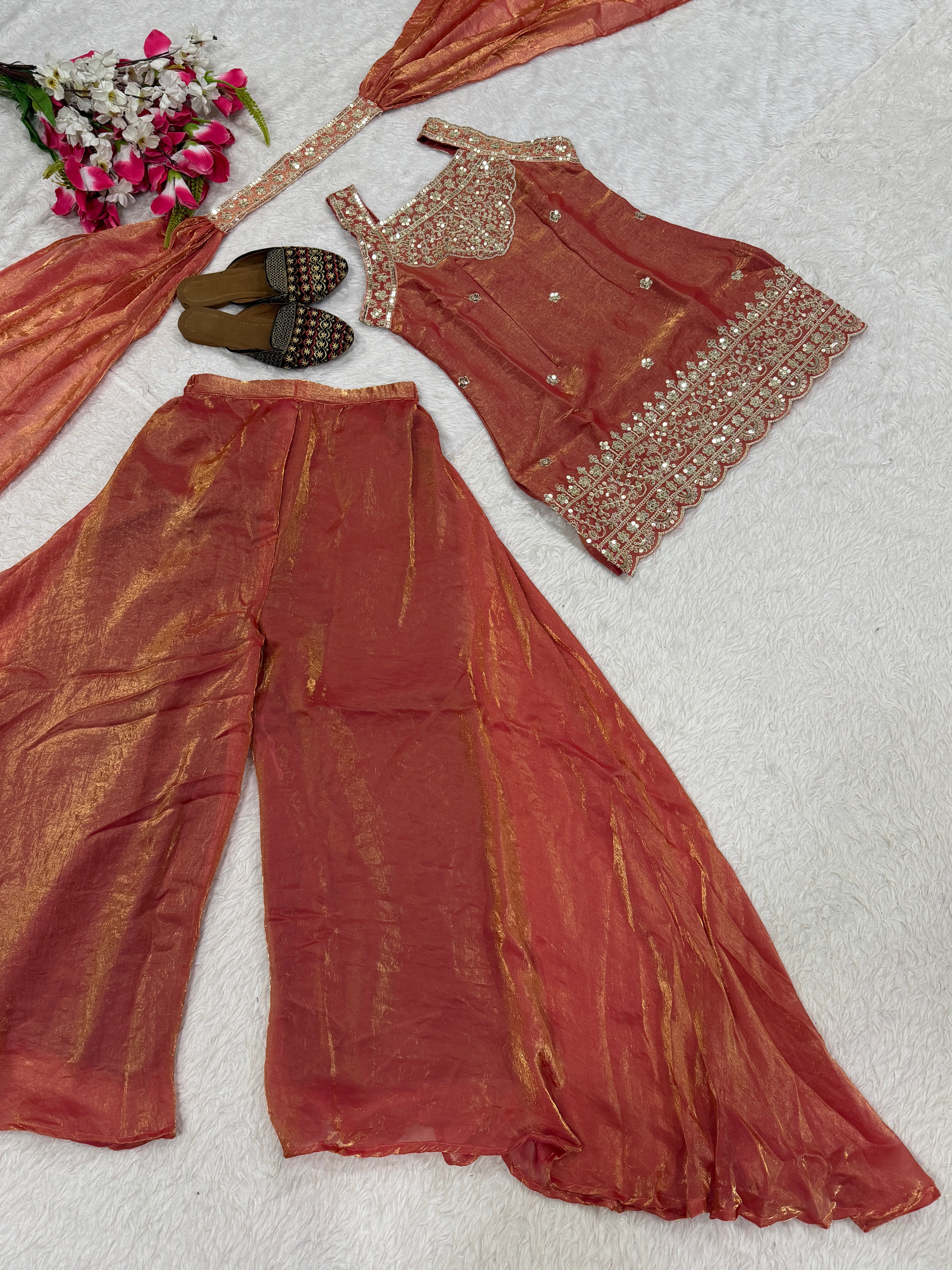Wine Heavy Fandy Silk Sequins Embroidered Sharara Palazzo Set with Dupatta