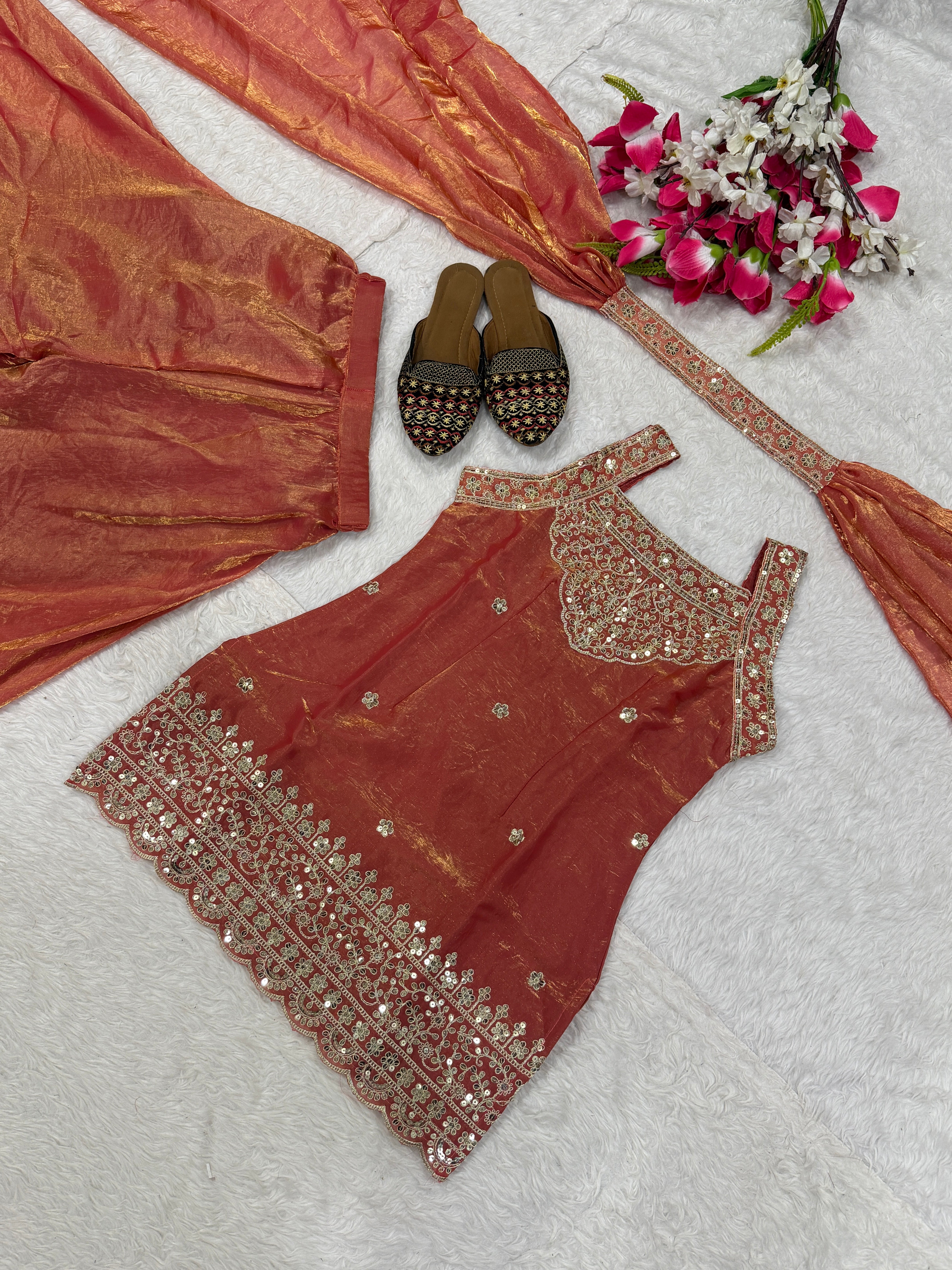 Wine Heavy Fandy Silk Sequins Embroidered Sharara Palazzo Set with Dupatta