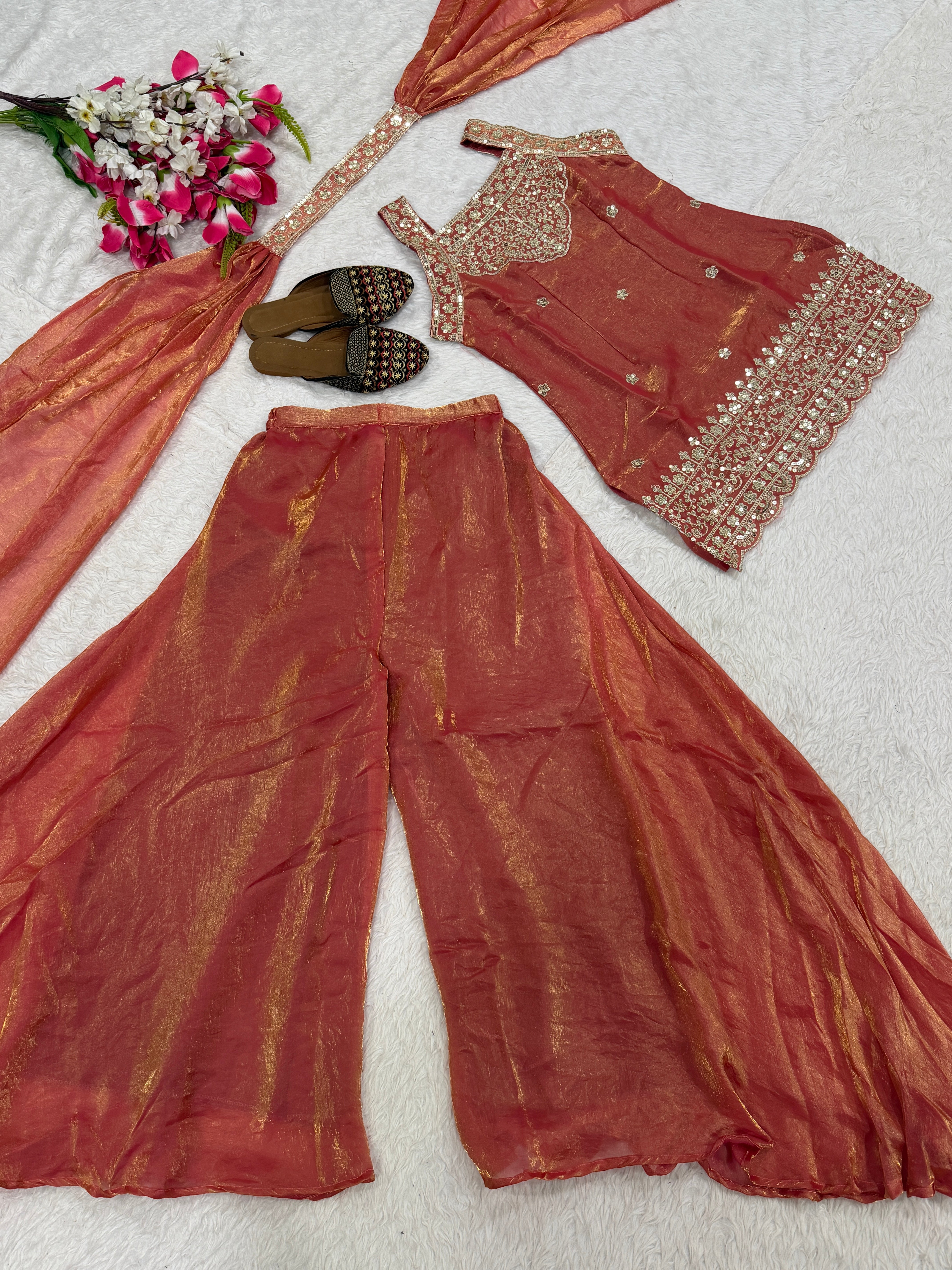Wine Heavy Fandy Silk Sequins Embroidered Sharara Palazzo Set with Dupatta