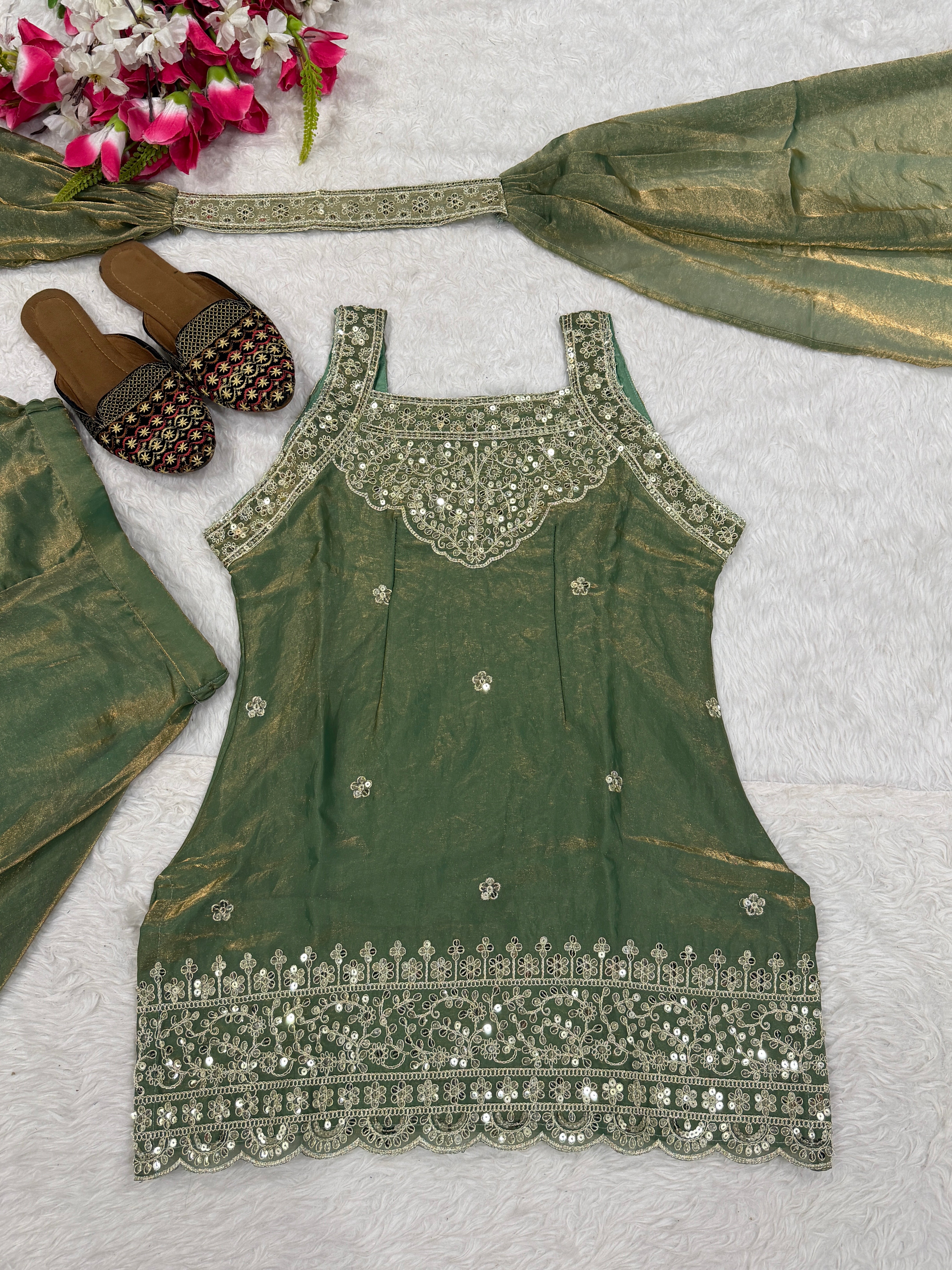 Olive Green Heavy Fandy Silk Sequin Embroidered Sharara Palazzo Set